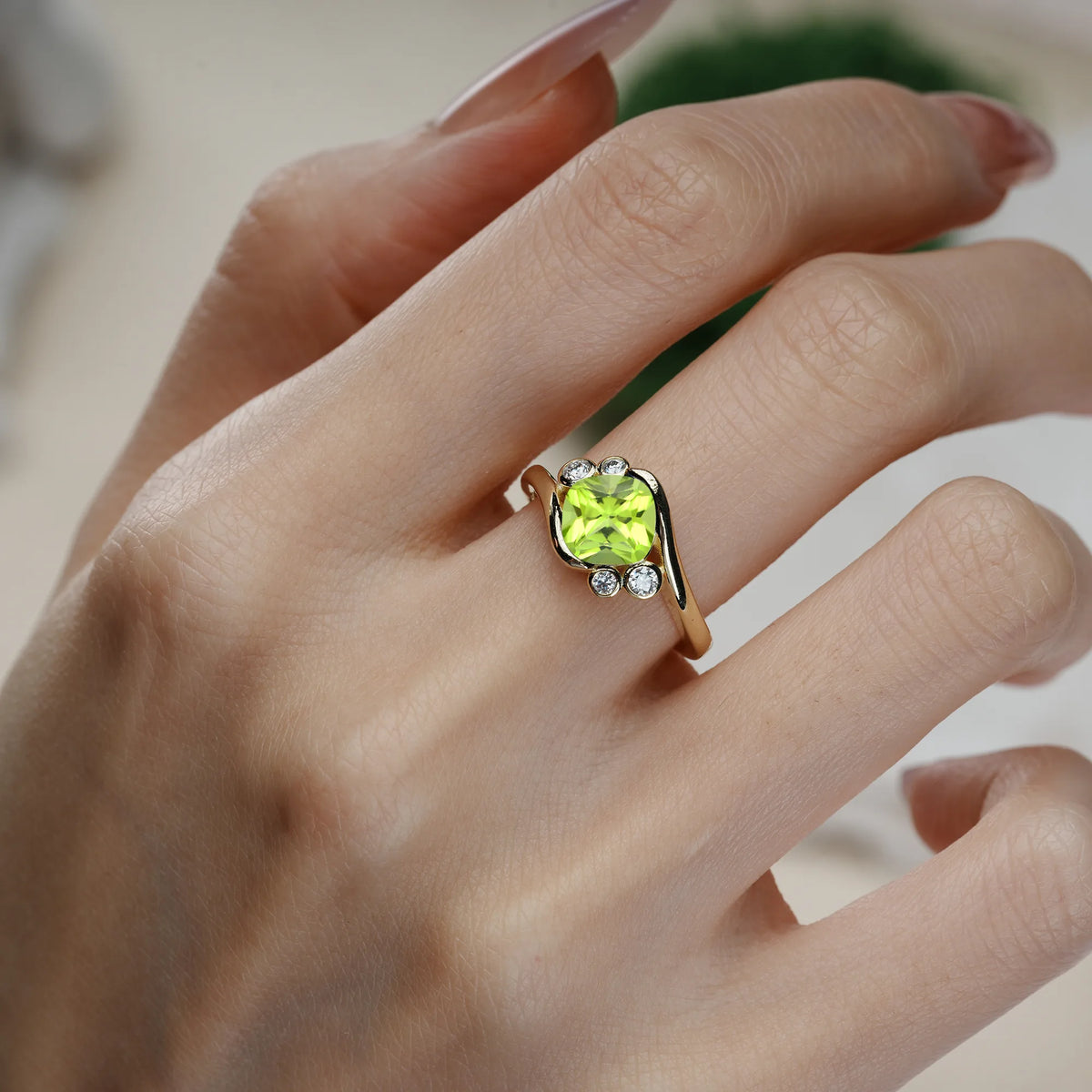 Princess Cut Peridot Unique Inset Engagement Ring