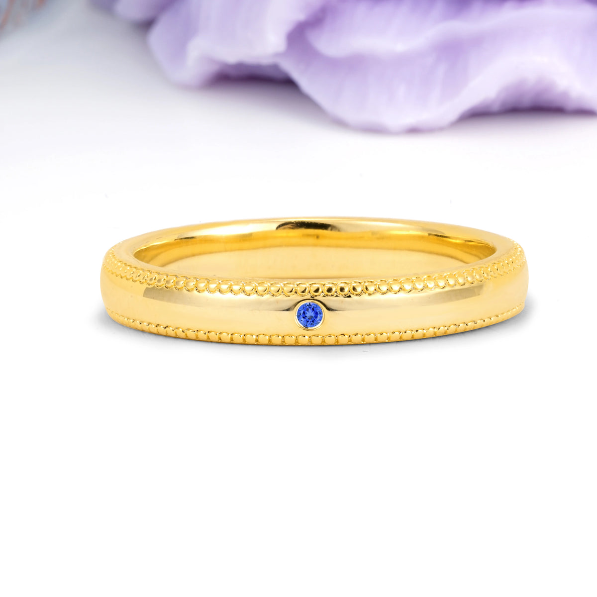 Sapphire Milgrain Beaded‑Edge Single Inset Wedding Ring