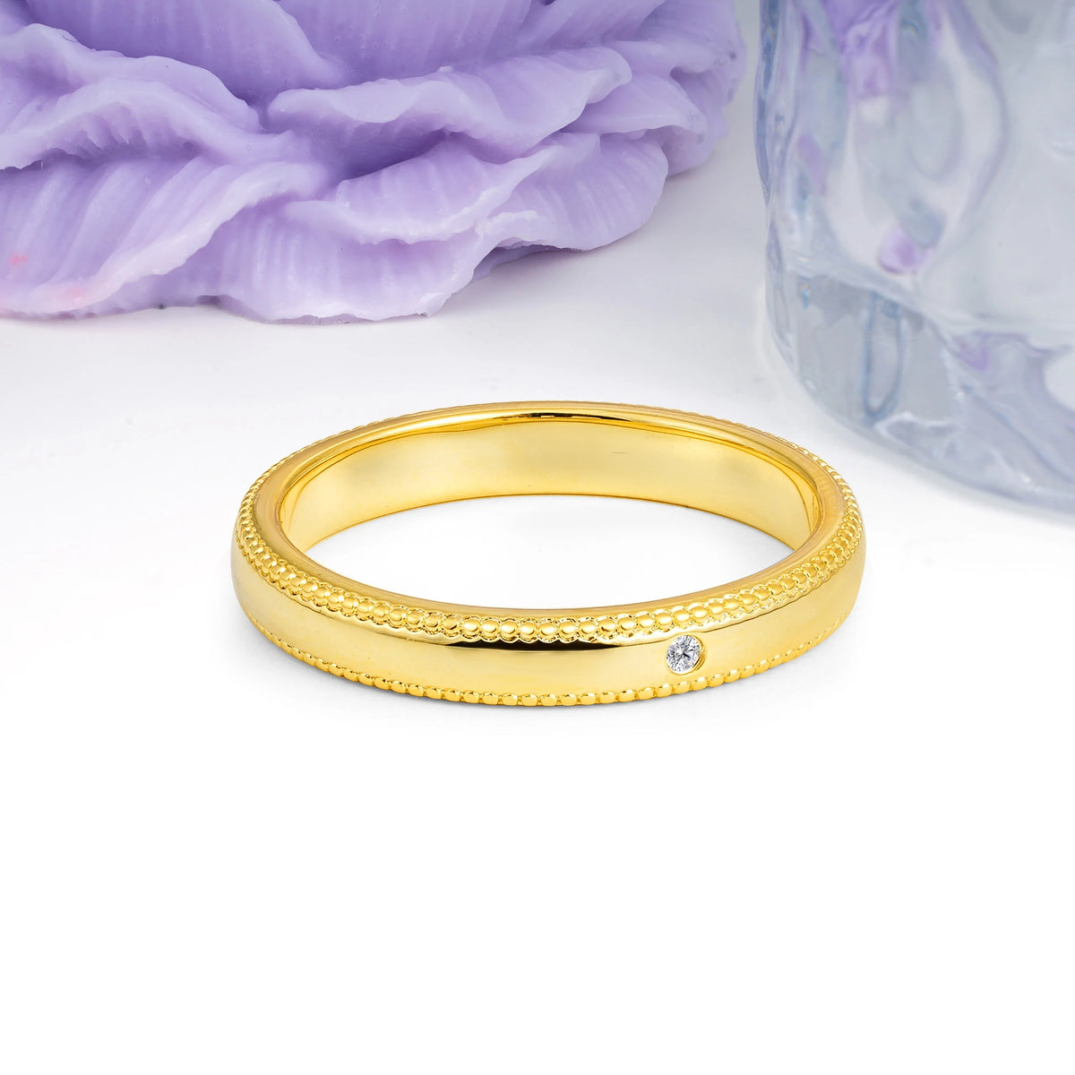 Lab Diamond Milgrain Beaded‑Edge Single Inset Wedding Ring