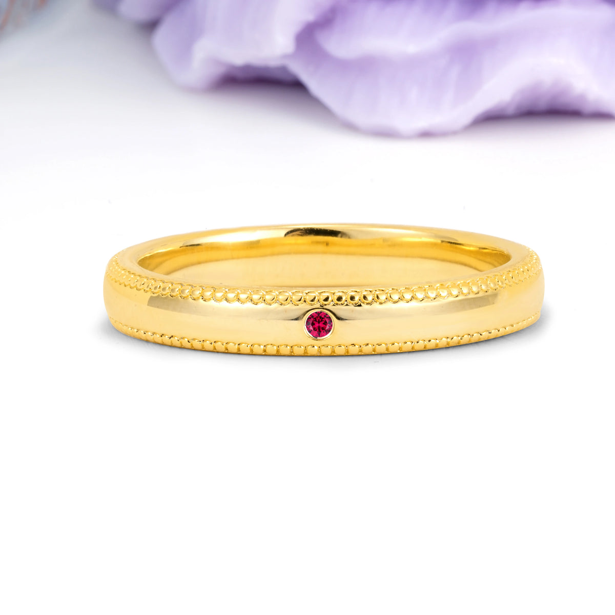 Ruby Milgrain Beaded‑Edge Single Inset Wedding Ring