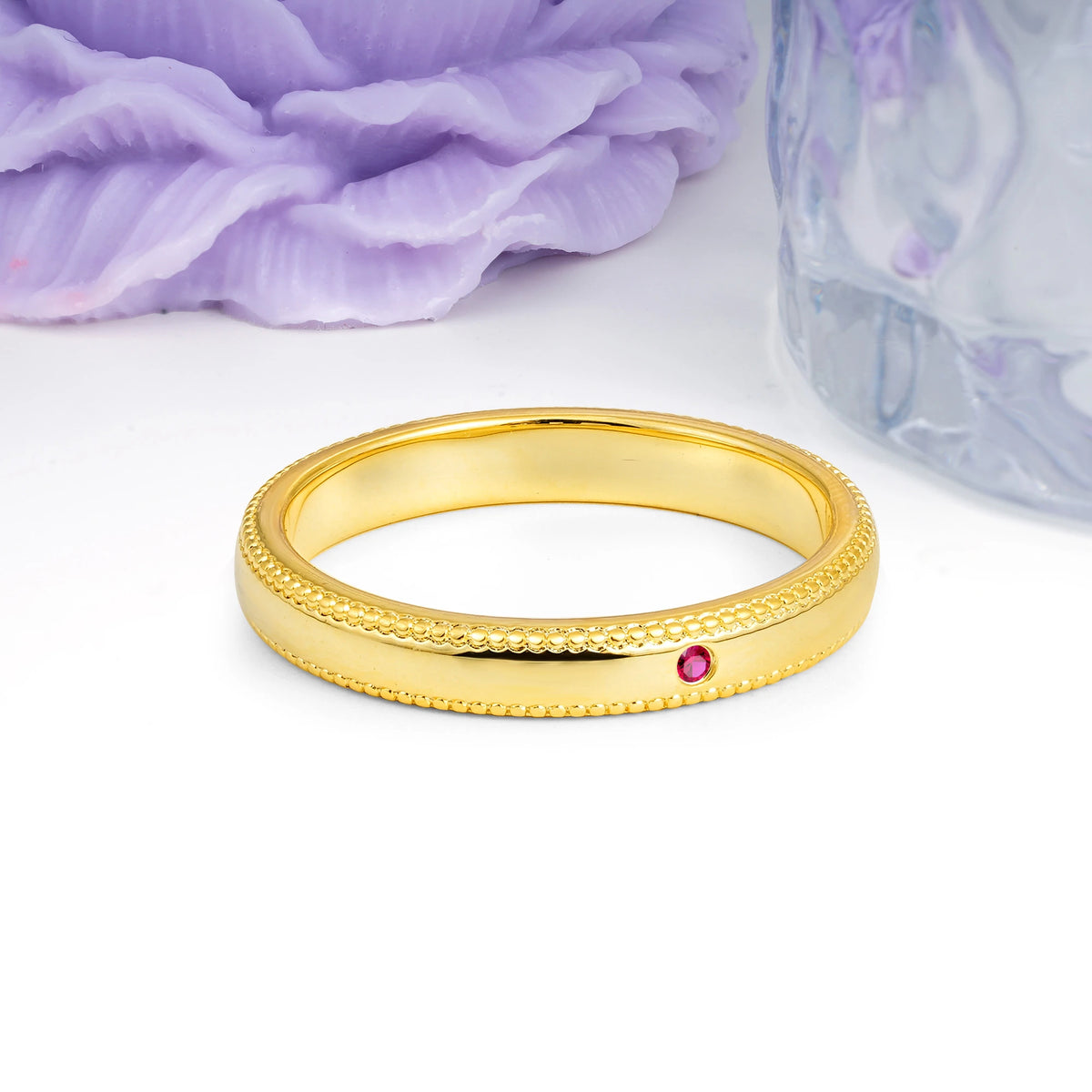 Ruby Milgrain Beaded‑Edge Single Inset Wedding Ring