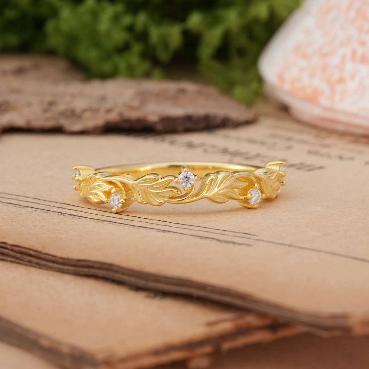 Round Cut Moissanite Symmetric Embossed Vine Leaf Hollow Band Four Wedding Ring
