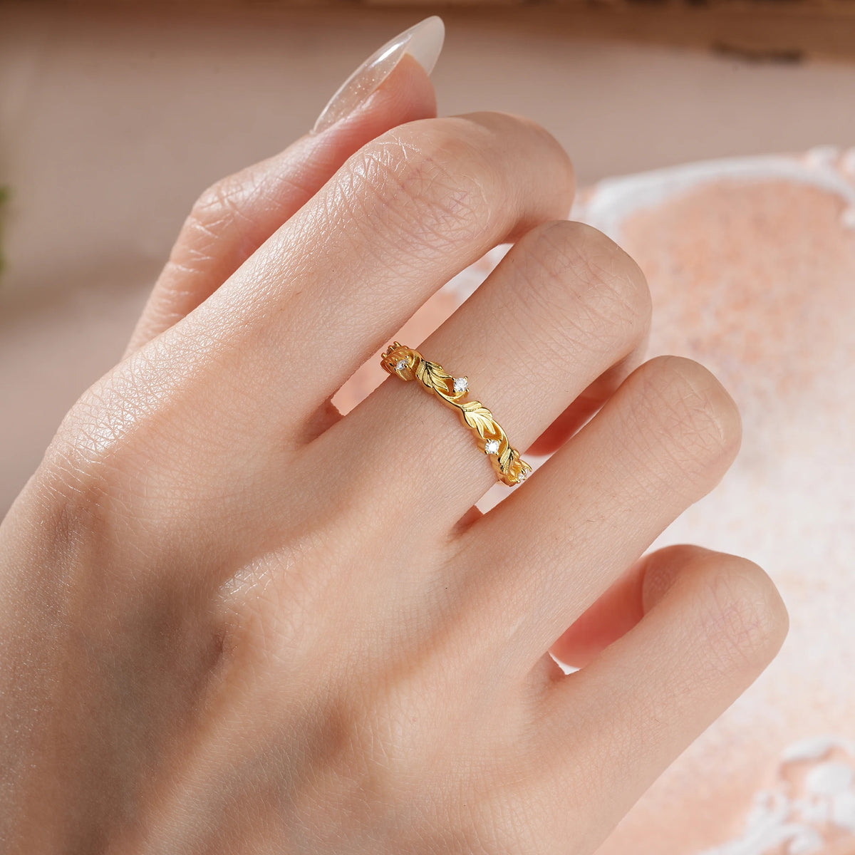 Round Cut Moissanite Symmetric Embossed Vine Leaf Hollow Band Four Wedding Ring