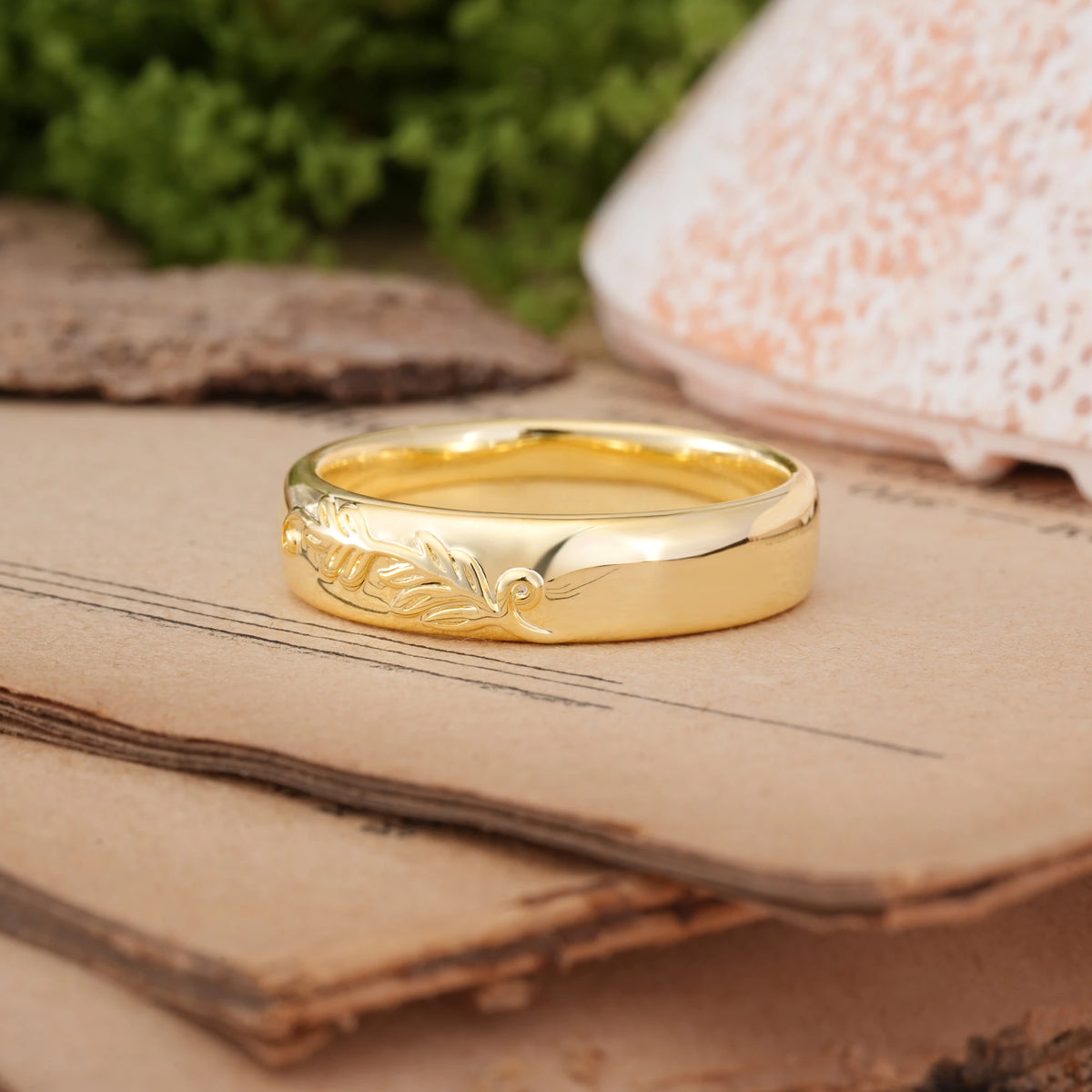 Engraved Vine Scroll Inset Comfort Fit Wedding Ring
