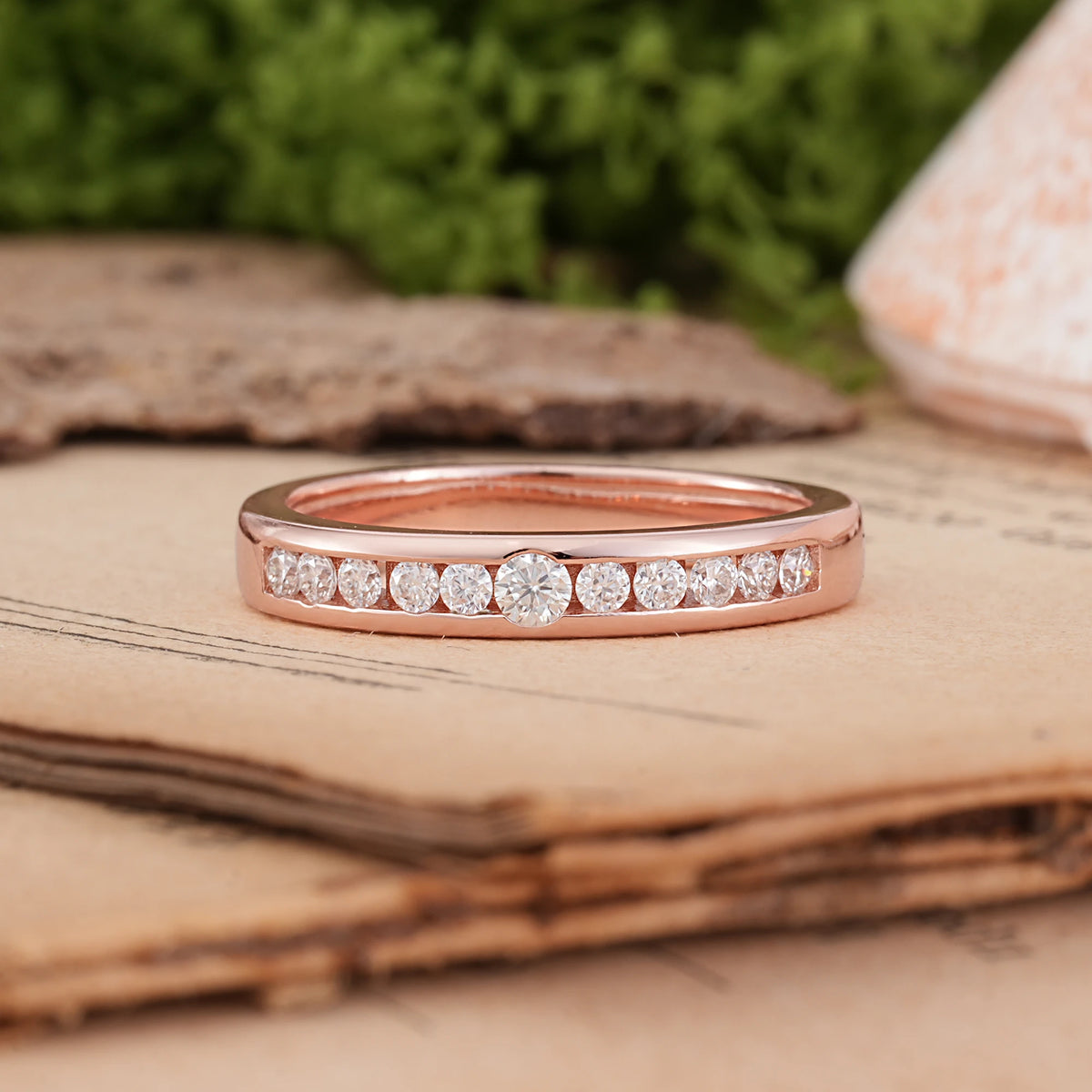 Round Cut Moissanite Half Channel Set Graduated Center Large Wedding Ring