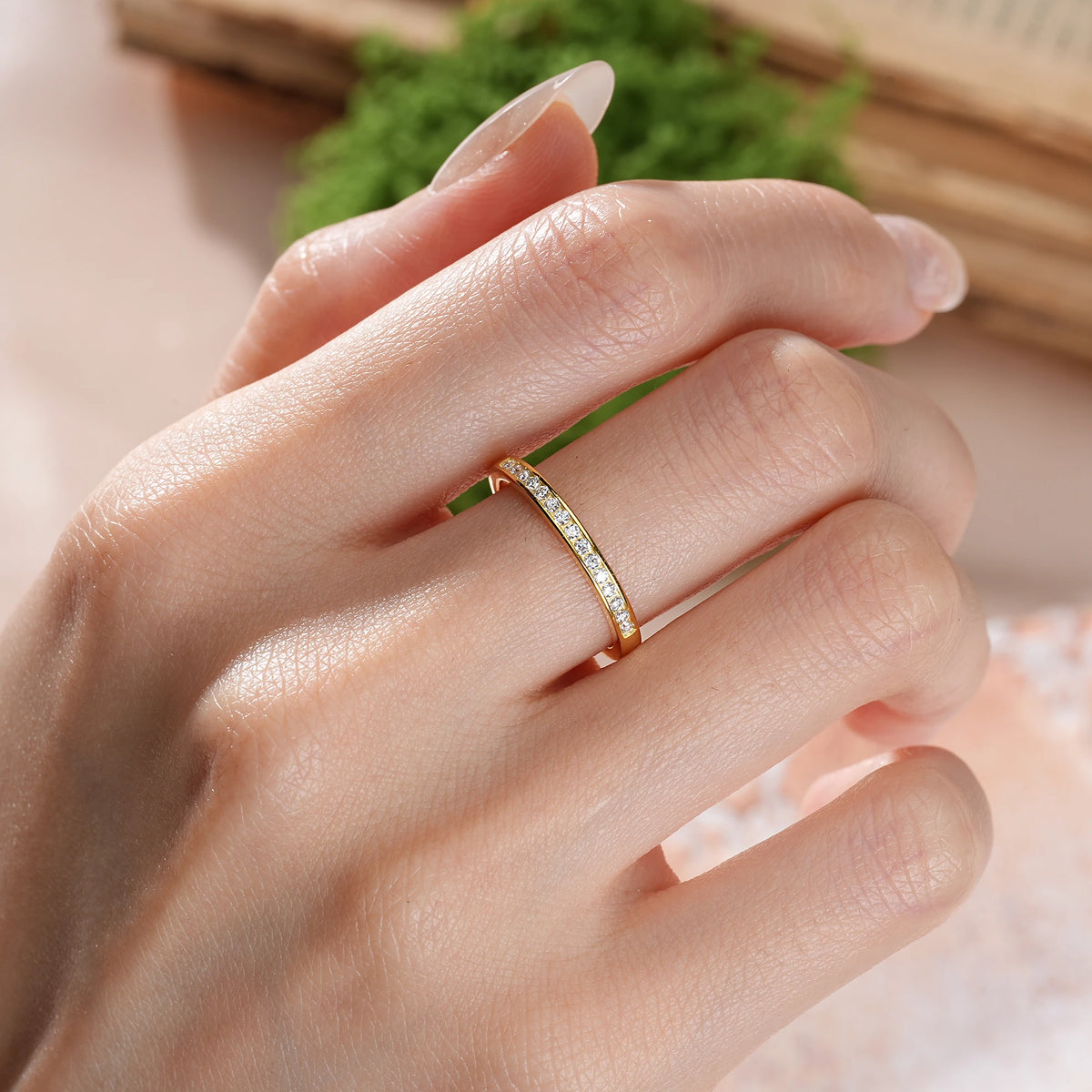 Round Cut Moissanite Soft Glossy Narrow Half Eternity Full Continuous Wedding Ring