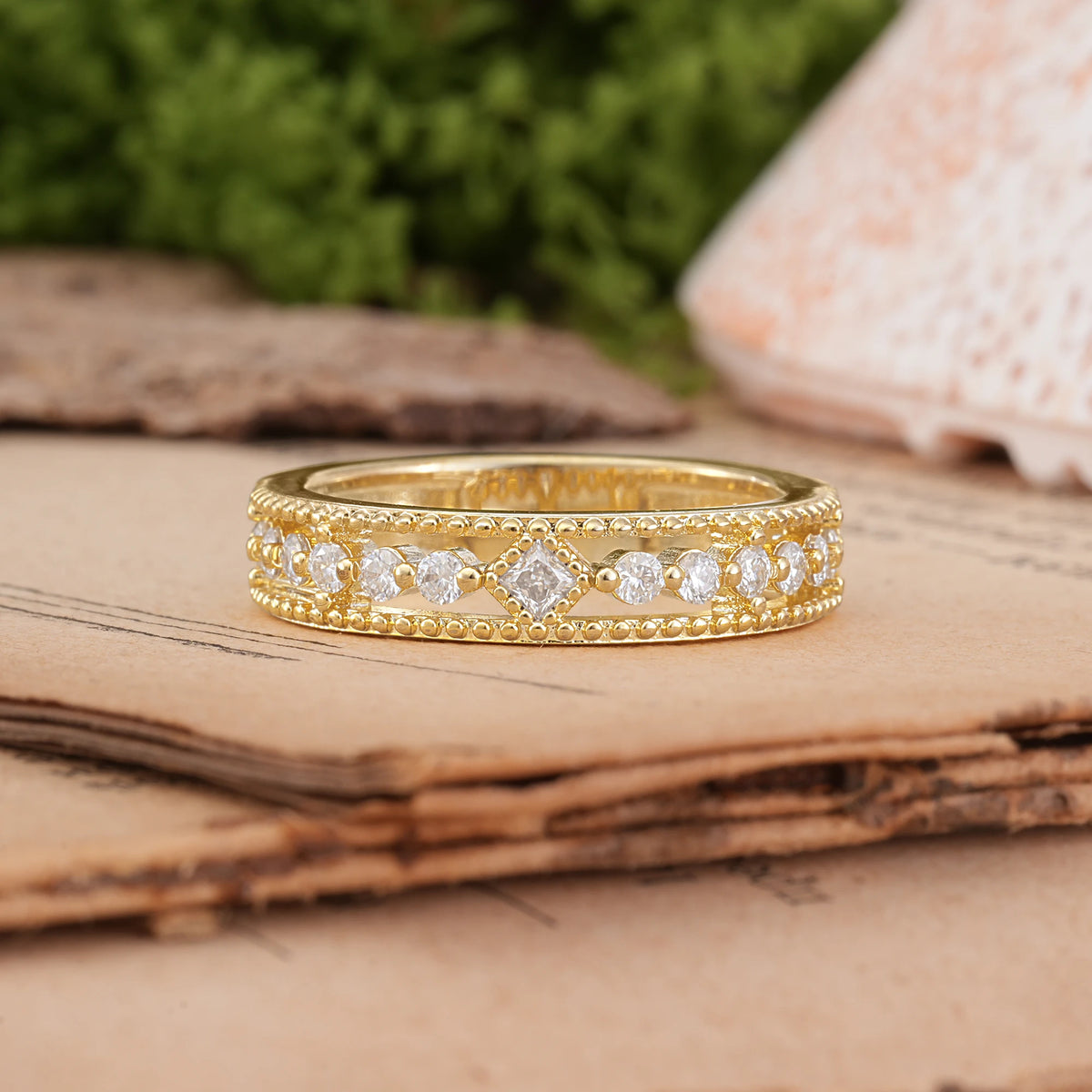 Princess Cut Moissanite Wide Open Filigree Dual Milgrain Beaded Edge Wedding Ring