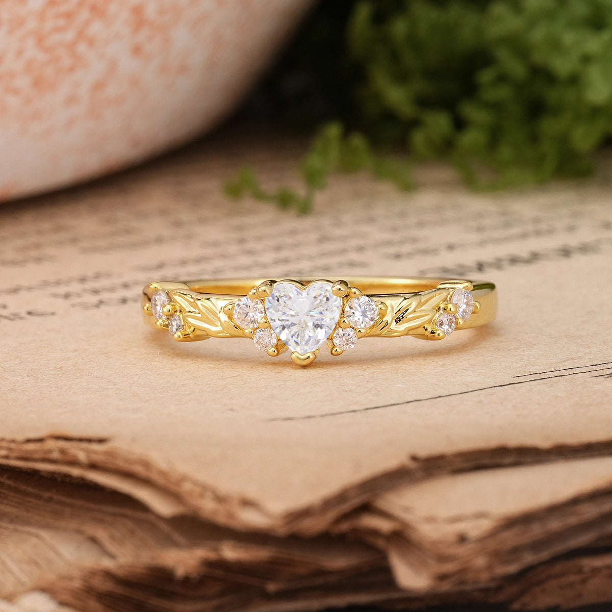 Heart Cut Moissanite Dainty Twisted Branch Floral Outline Ball Prong Engagement Ring