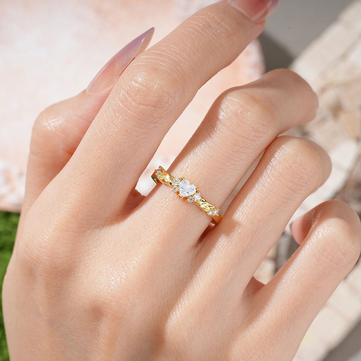 Heart Cut Moissanite Dainty Twisted Branch Floral Outline Ball Prong Engagement Ring