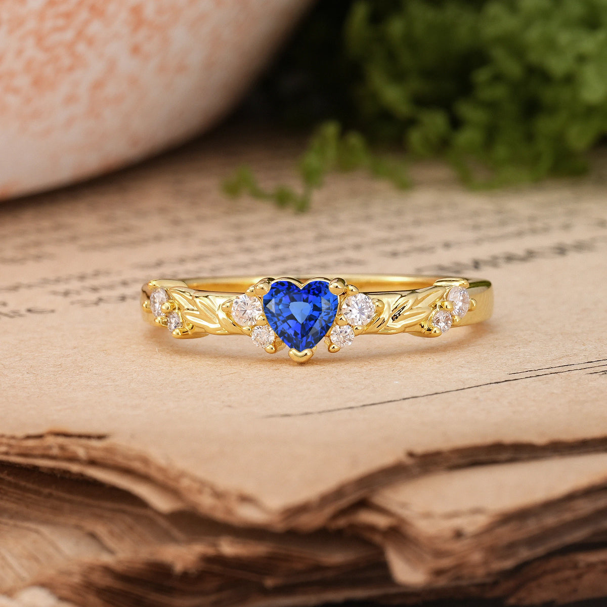 Heart Cut Sapphire Dainty Twisted Branch Floral Outline Ball Prong Engagement Ring