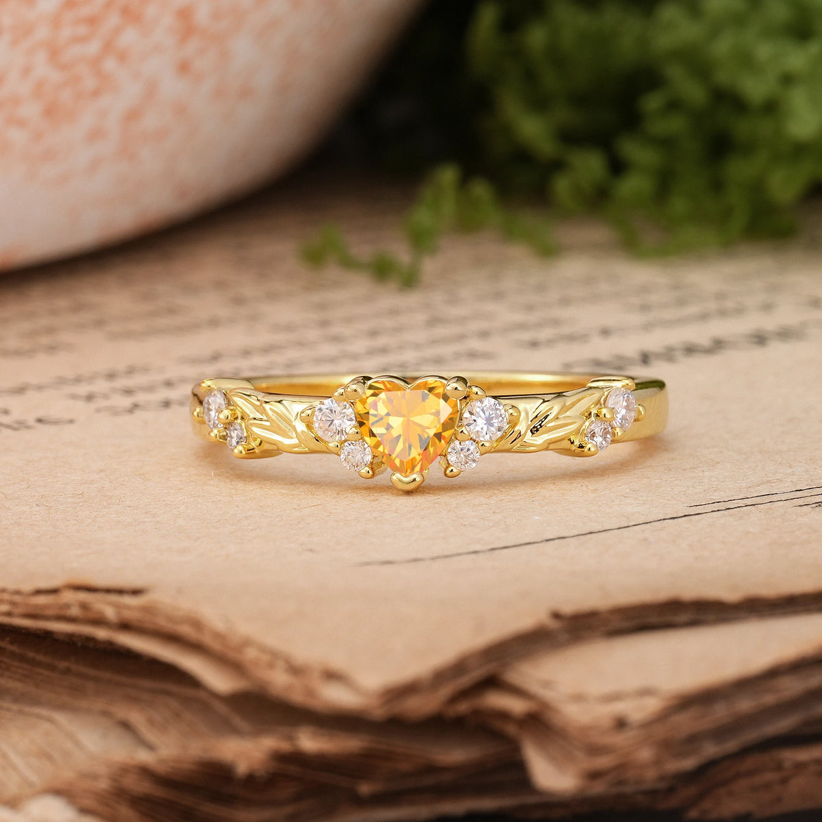 Heart Cut Citrine Dainty Twisted Branch Floral Outline Ball Prong Engagement Ring