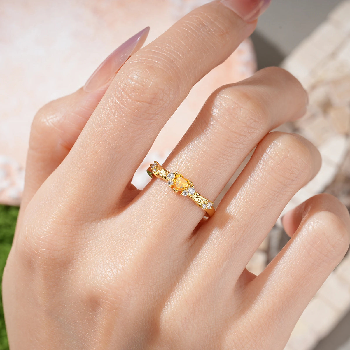 Heart Cut Citrine Dainty Twisted Branch Floral Outline Ball Prong Engagement Ring