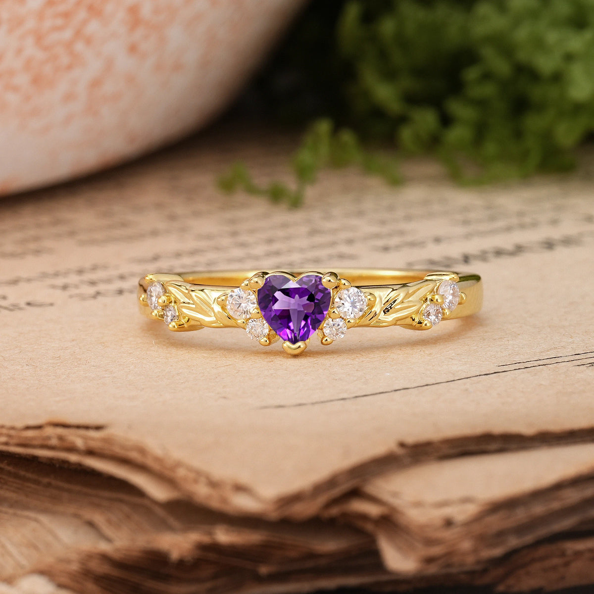 Heart Cut Amethyst Dainty Twisted Branch Floral Outline Ball Prong Engagement Ring