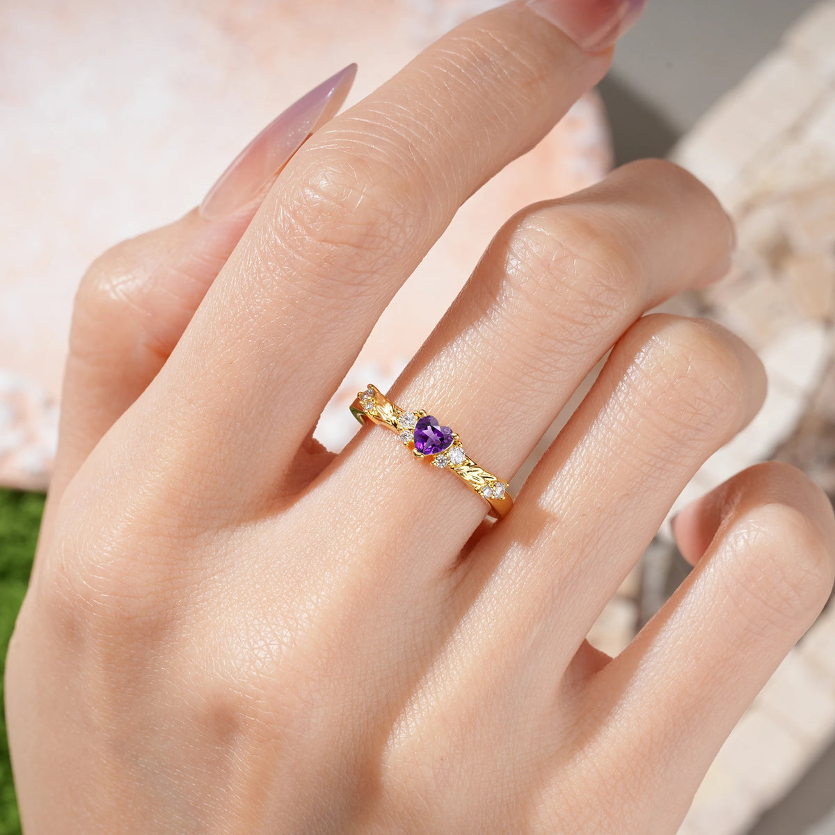 Heart Cut Amethyst Dainty Twisted Branch Floral Outline Ball Prong Engagement Ring