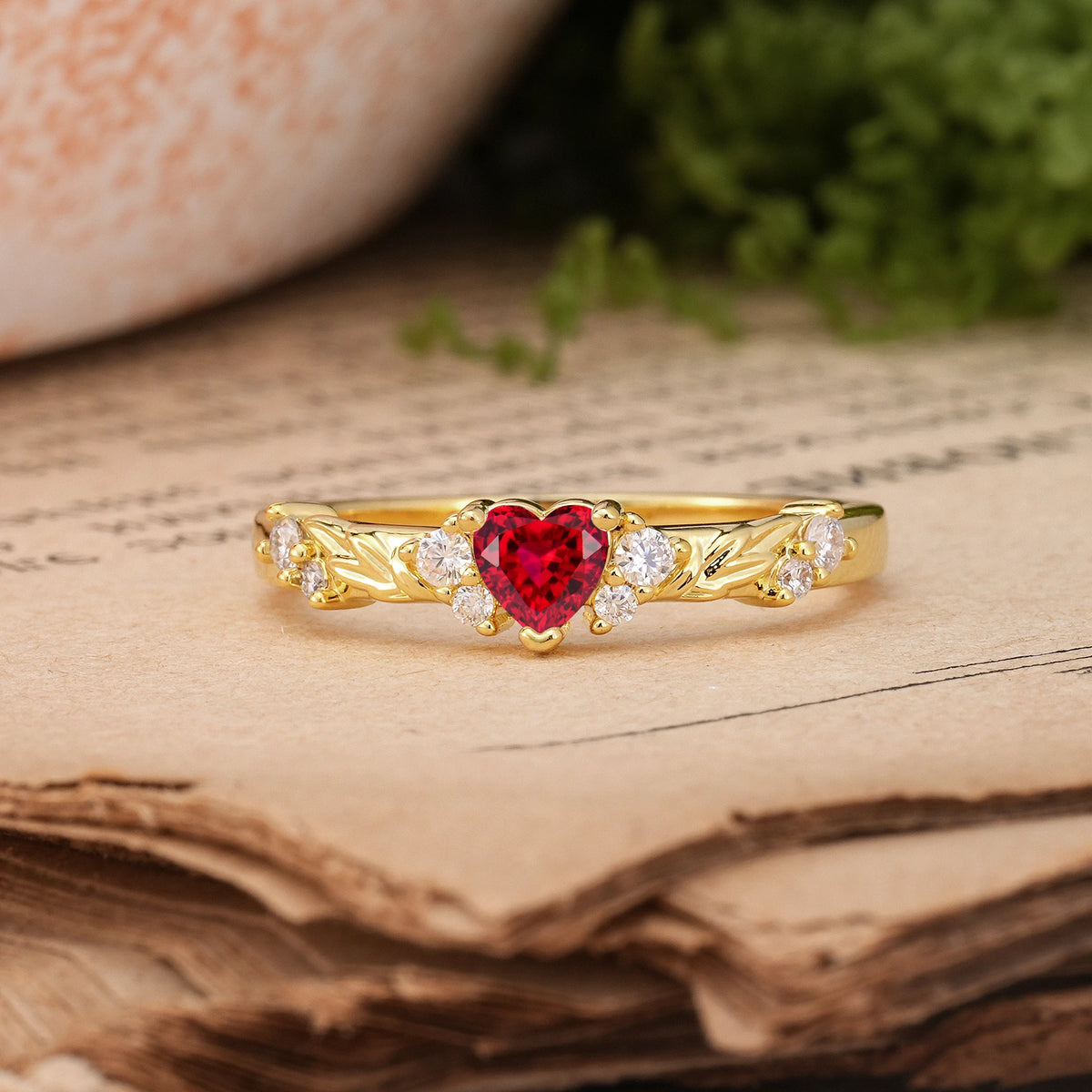 Heart Cut Ruby Dainty Twisted Branch Floral Outline Ball Prong Engagement Ring