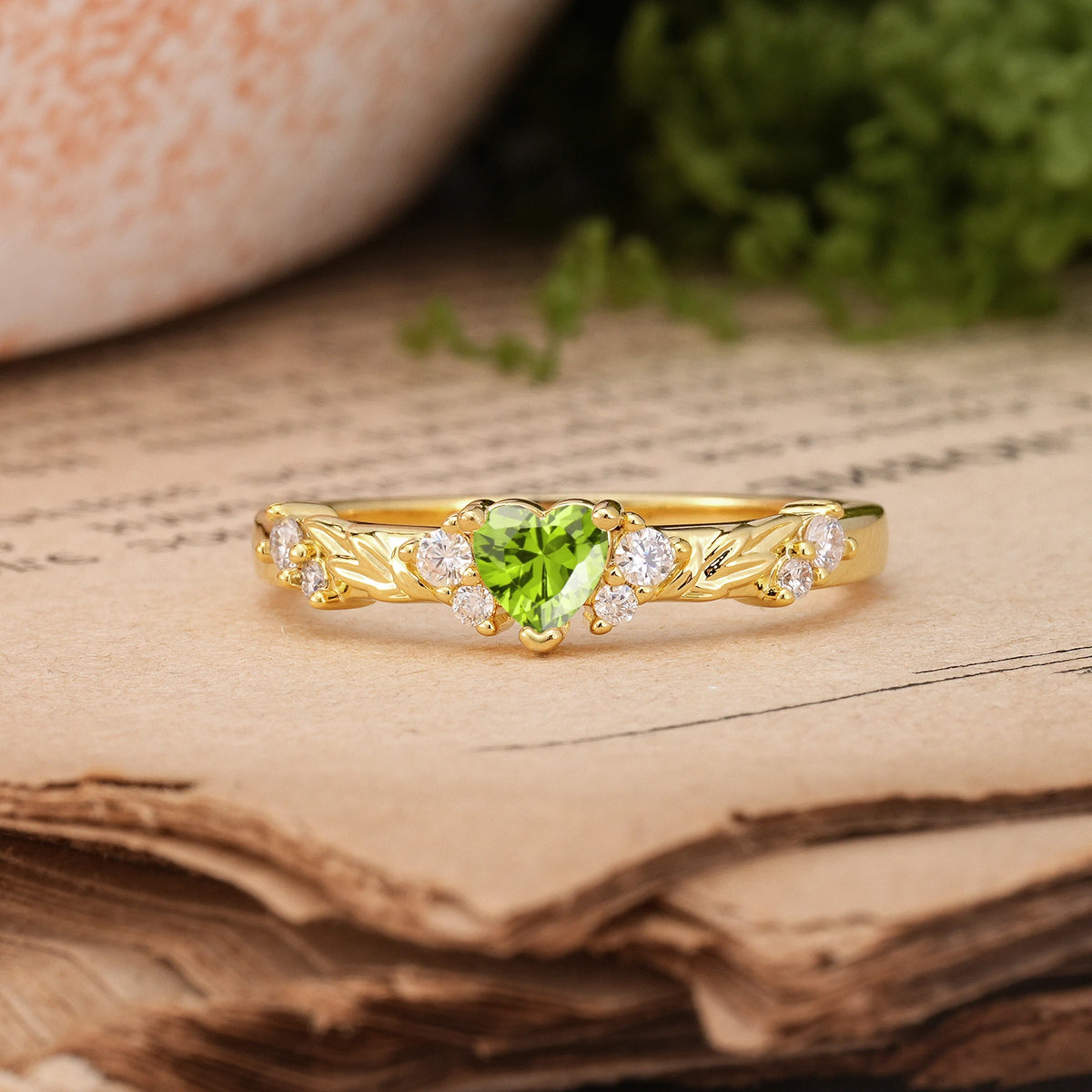 Heart Cut Peridot Dainty Twisted Branch Floral Outline Ball Prong Engagement Ring