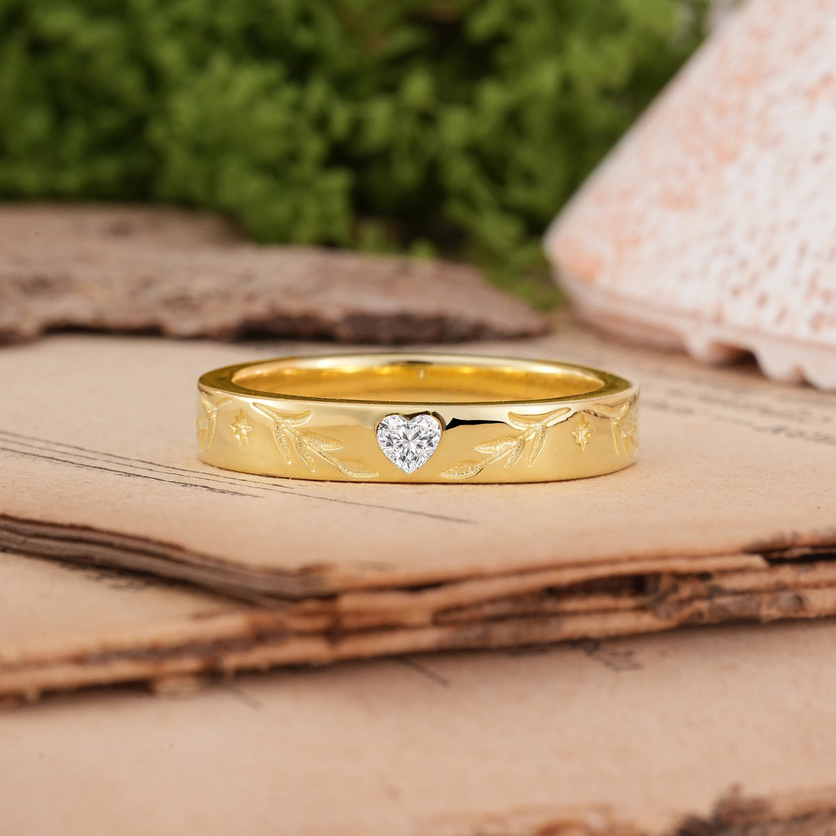 Heart Cut Moissanite Vintage Hand Etched Foliage Star Motif Wedding Ring