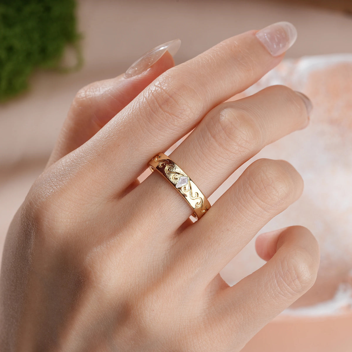 Kite Cut Moissanite Whimsical Vintage Filigree Scroll Wedding Ring