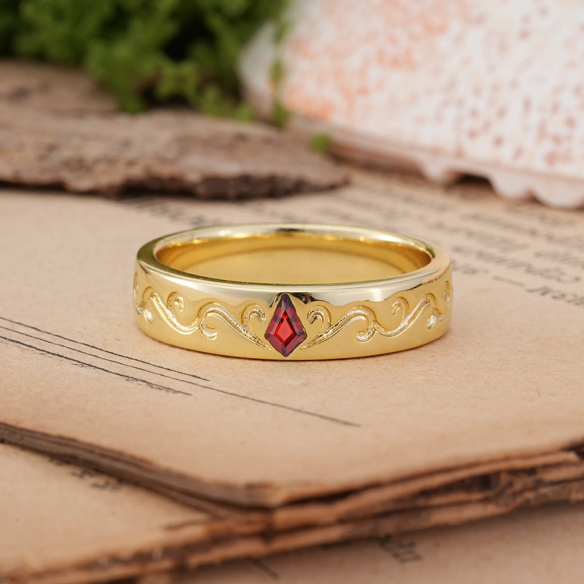 Kite Cut Garnet Whimsical Vintage Filigree Scroll Wedding Ring