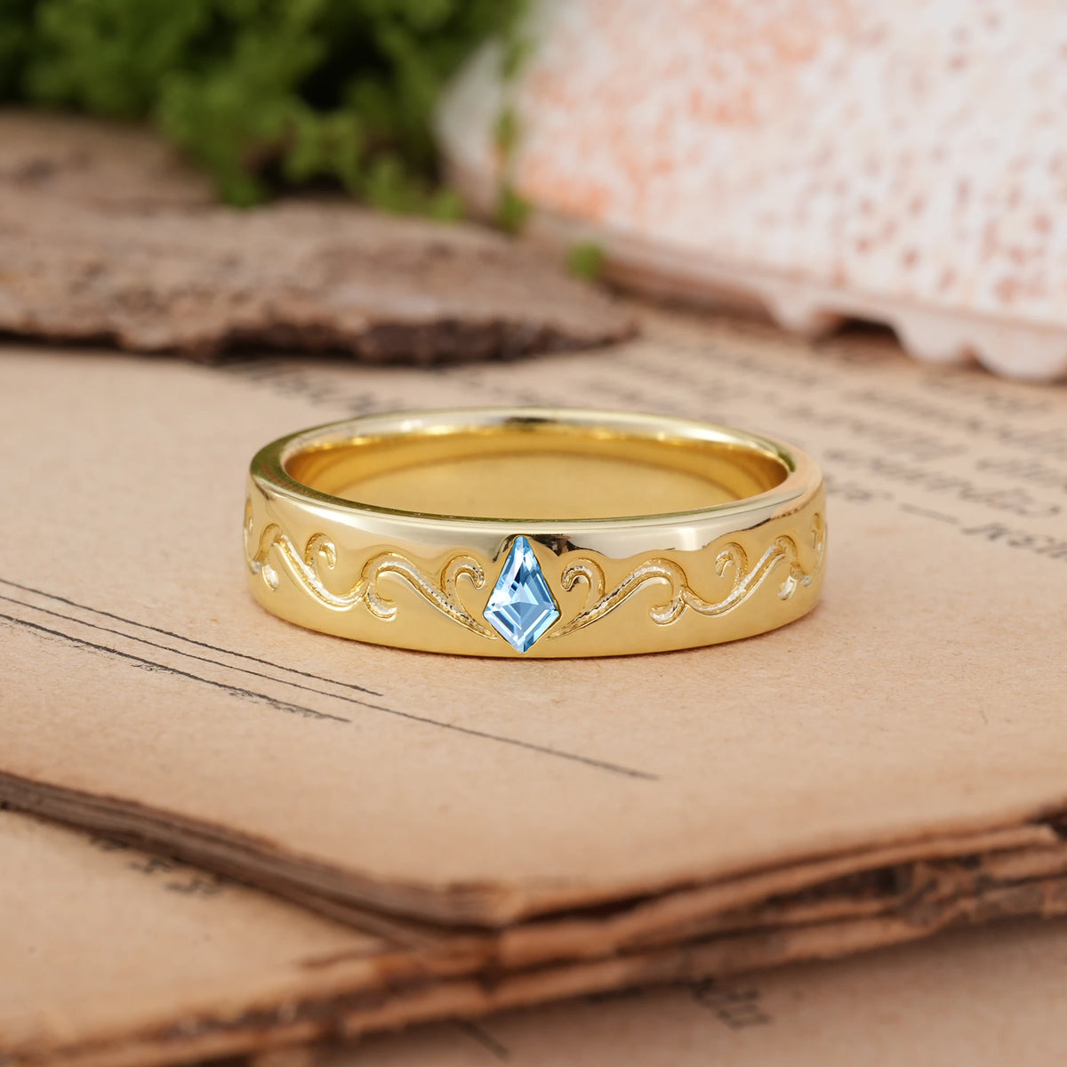 Kite Cut Aquamarine Whimsical Vintage Filigree Scroll Wedding Ring