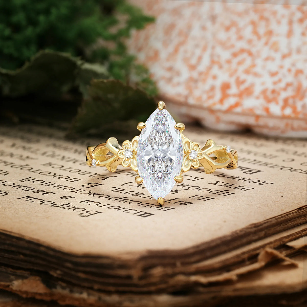 Marquise Cut Solitaire Open Floral Vine Filigree Side Accent Moissanite Engagement Ring