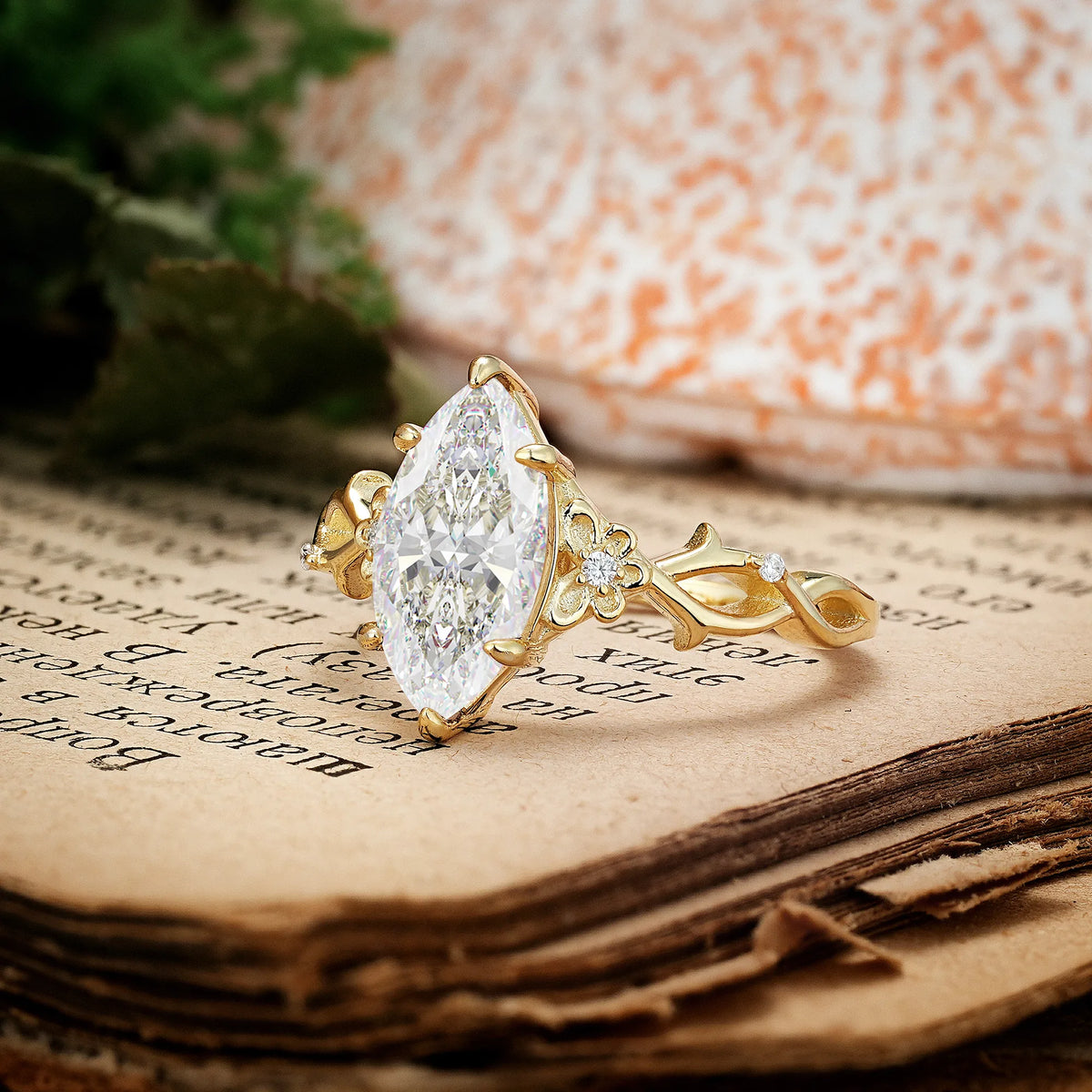 Marquise Cut Solitaire Open Floral Vine Filigree Side Accent Moissanite Engagement Ring