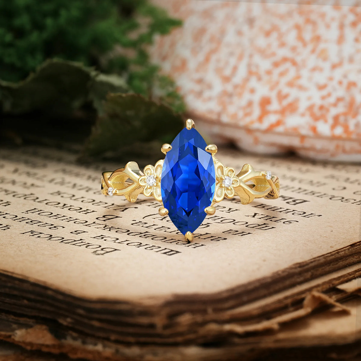 Marquise Cut Solitaire Open Floral Vine Filigree Side Accent Sapphire Engagement Ring