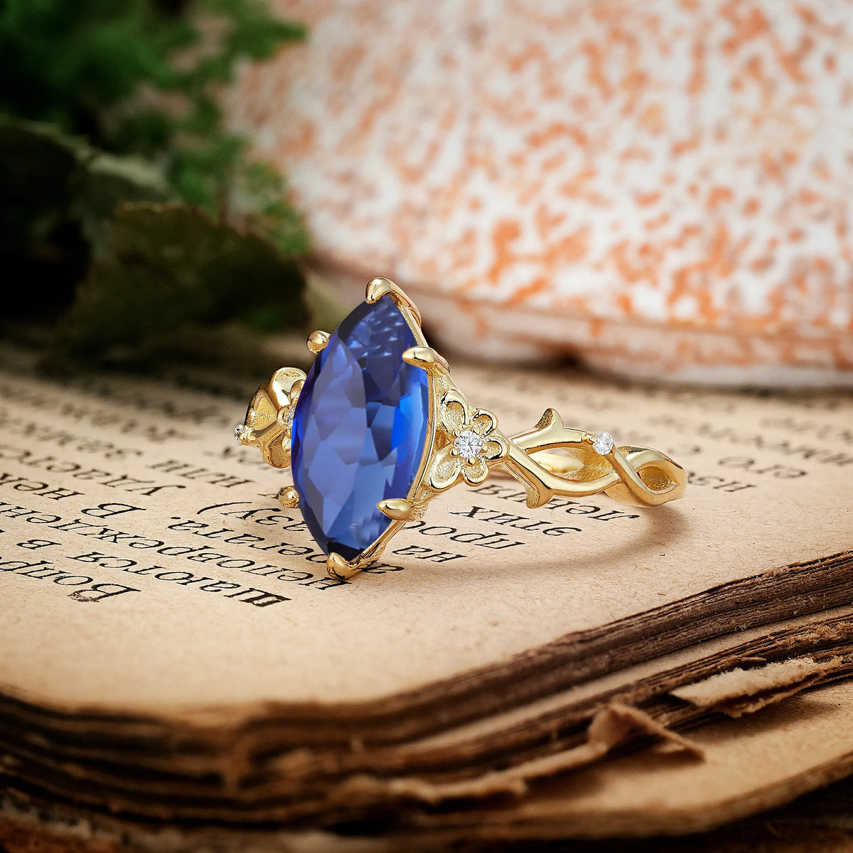 Marquise Cut Solitaire Open Floral Vine Filigree Side Accent Sapphire Engagement Ring