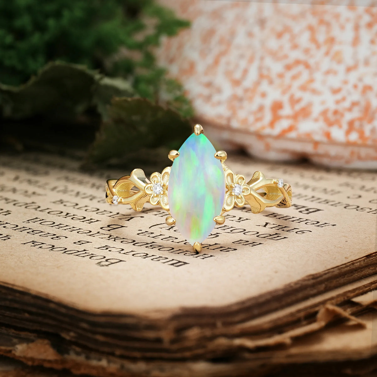 Marquise Cut Solitaire Open Floral Vine Filigree Side Accent Fire Opal Engagement Ring
