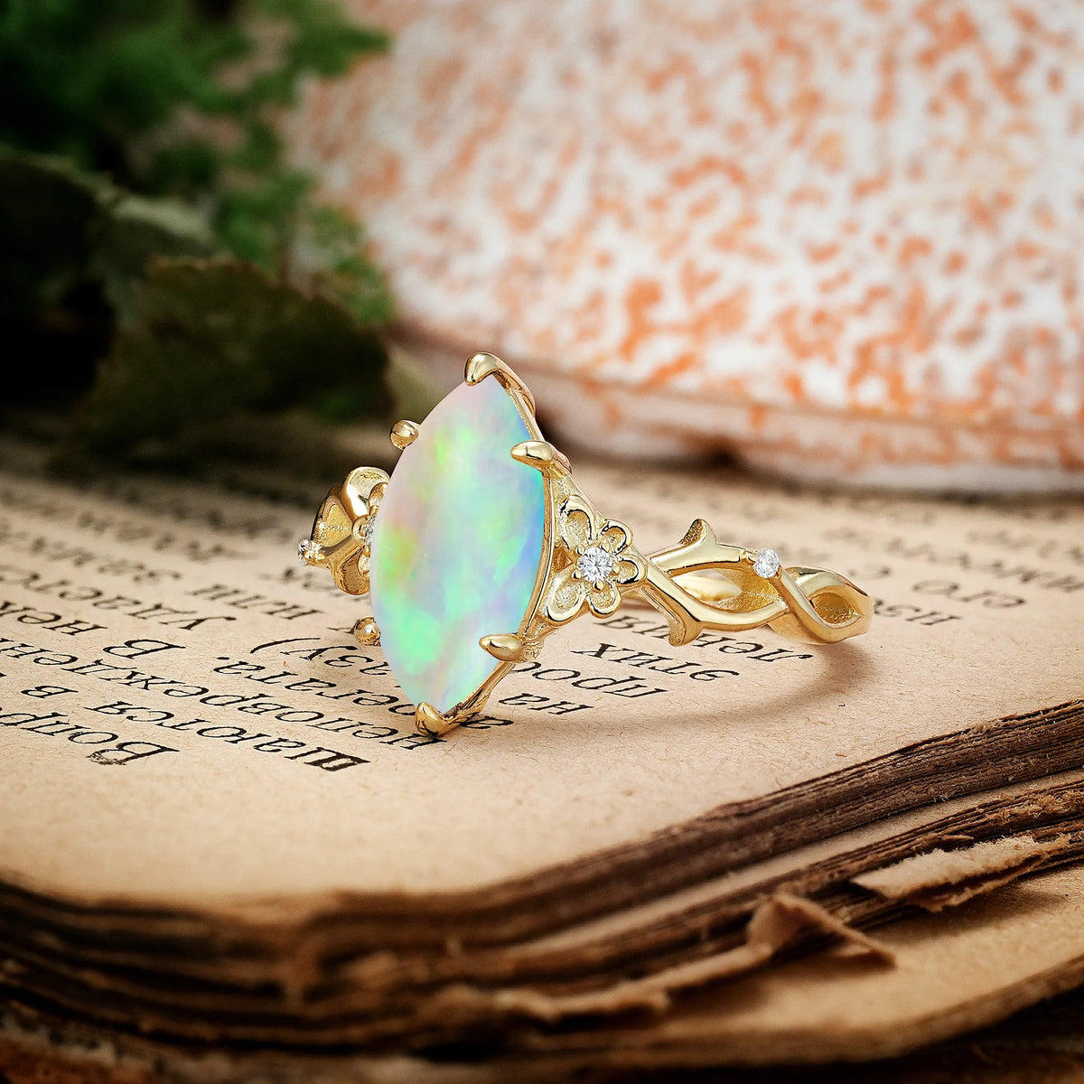 Marquise Cut Solitaire Open Floral Vine Filigree Side Accent Fire Opal Engagement Ring
