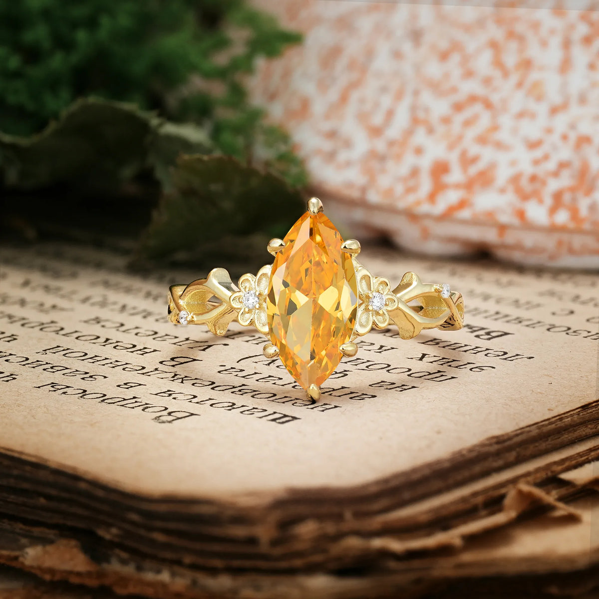 Marquise Cut Solitaire Open Floral Vine Filigree Side Accent Citrine Engagement Ring