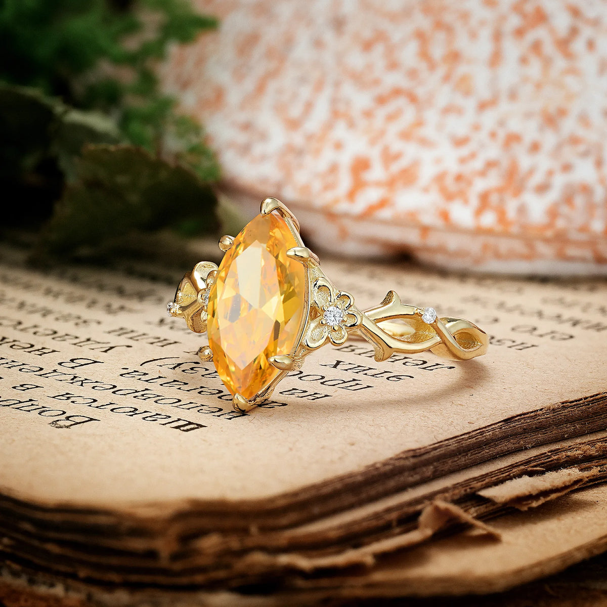 Marquise Cut Solitaire Open Floral Vine Filigree Side Accent Citrine Engagement Ring
