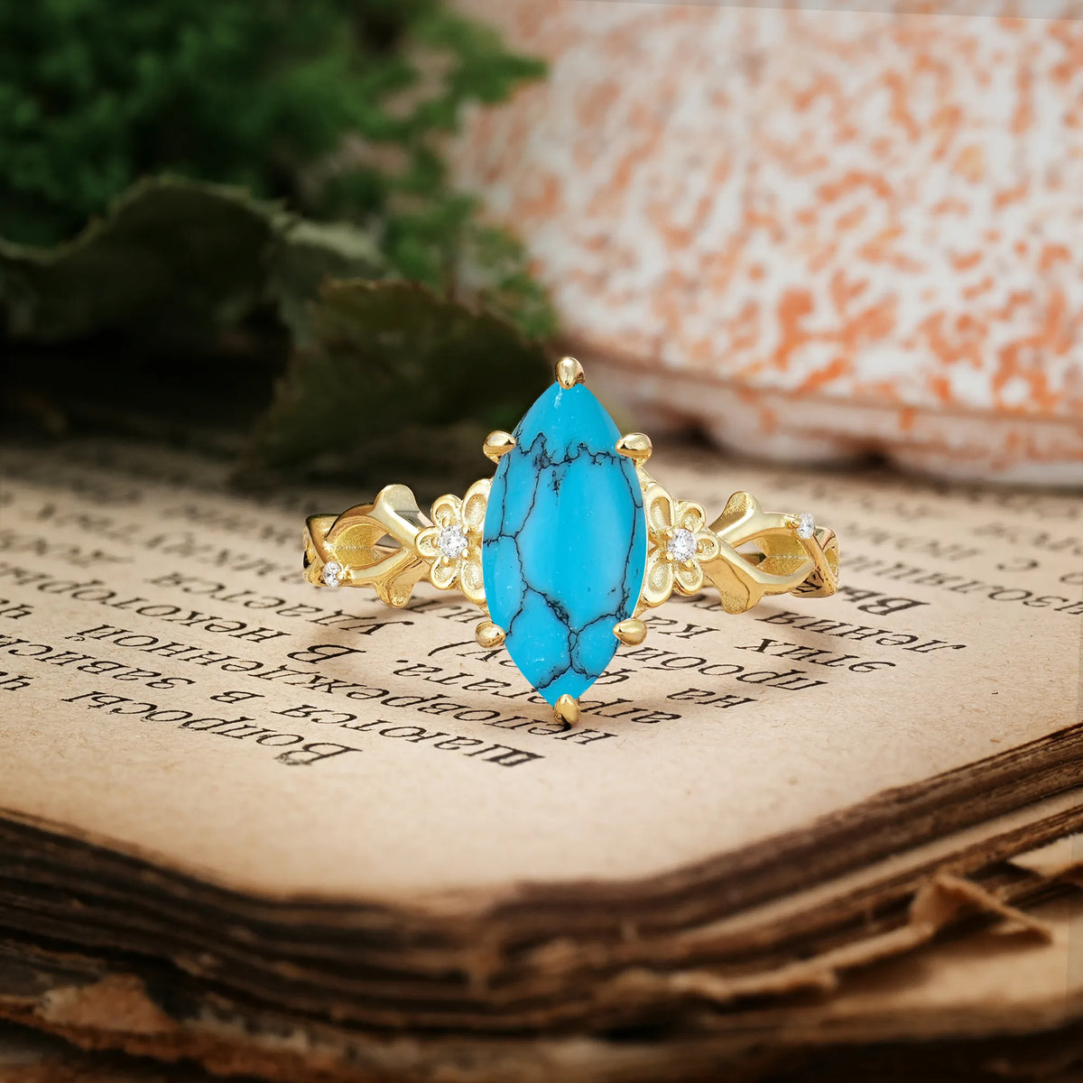 Marquise Cut Solitaire Open Floral Vine Filigree Side Accent Turquoise Engagement Ring