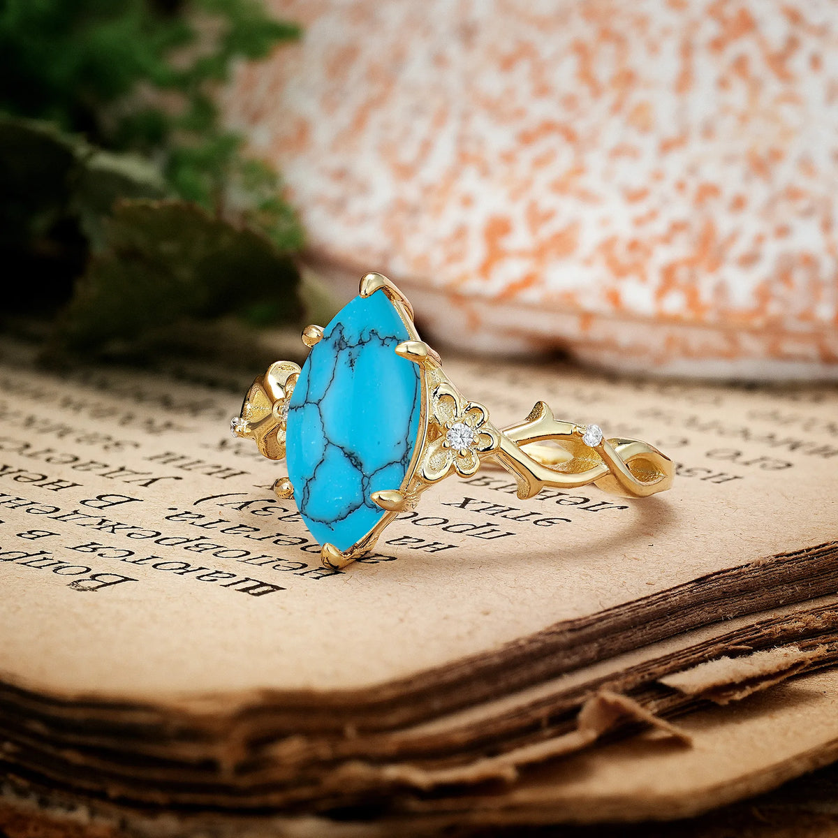 Marquise Cut Solitaire Open Floral Vine Filigree Side Accent Turquoise Engagement Ring
