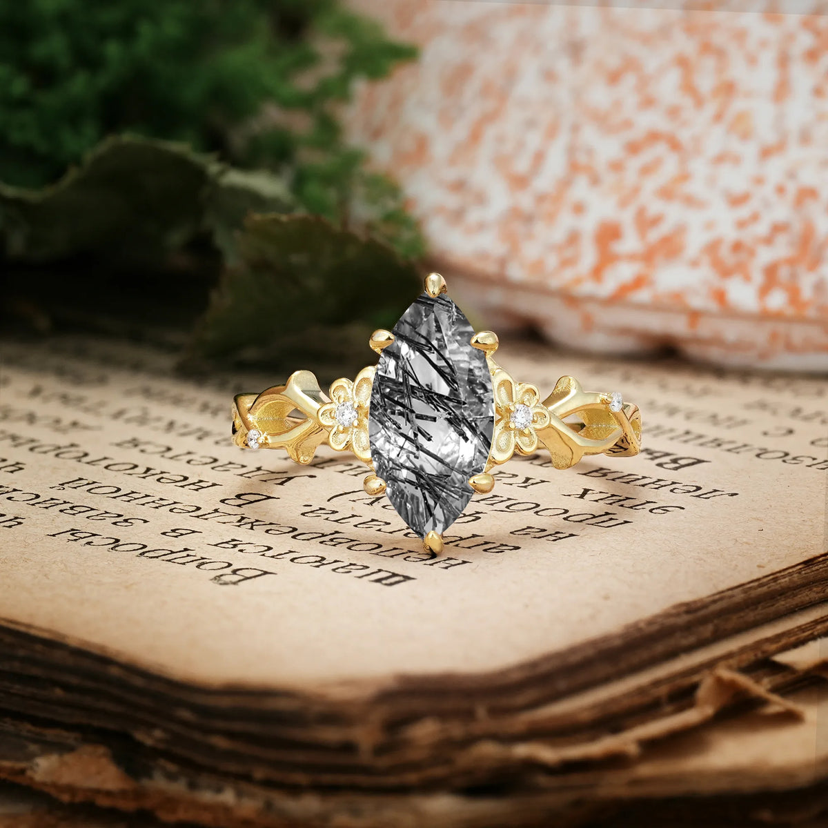 Marquise Cut Solitaire Open Floral Vine Filigree Side Accent Black Rutilated Quartz Engagement Ring