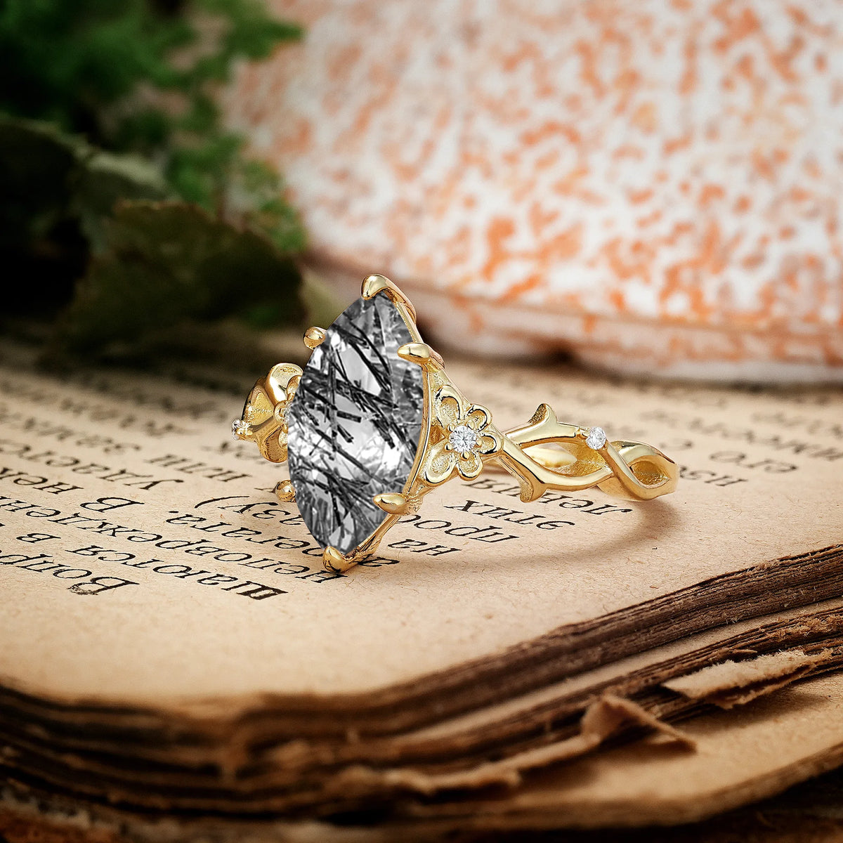 Marquise Cut Solitaire Open Floral Vine Filigree Side Accent Black Rutilated Quartz Engagement Ring