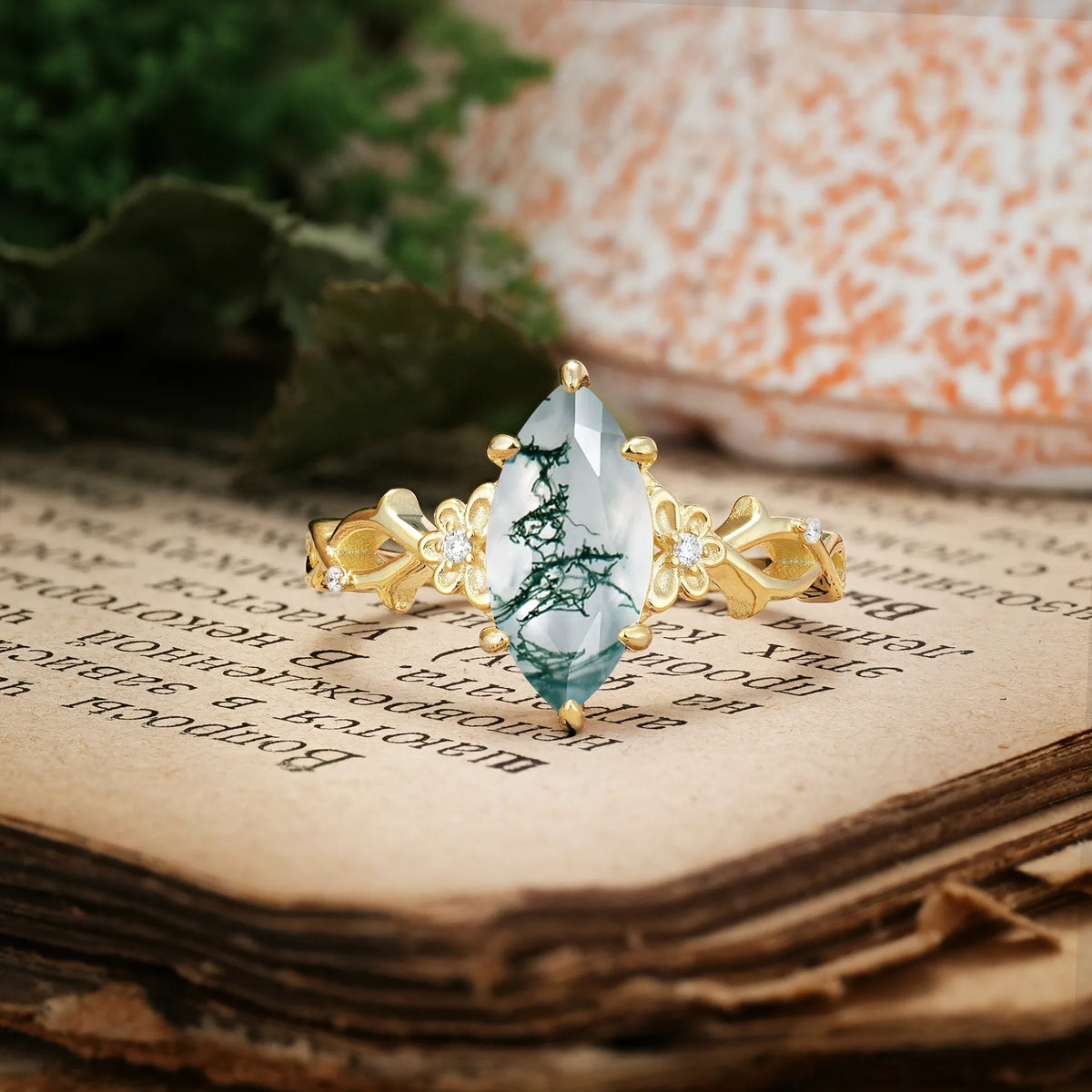 Marquise Cut Solitaire Open Floral Vine Filigree Side Accent Moss Agate Engagement Ring