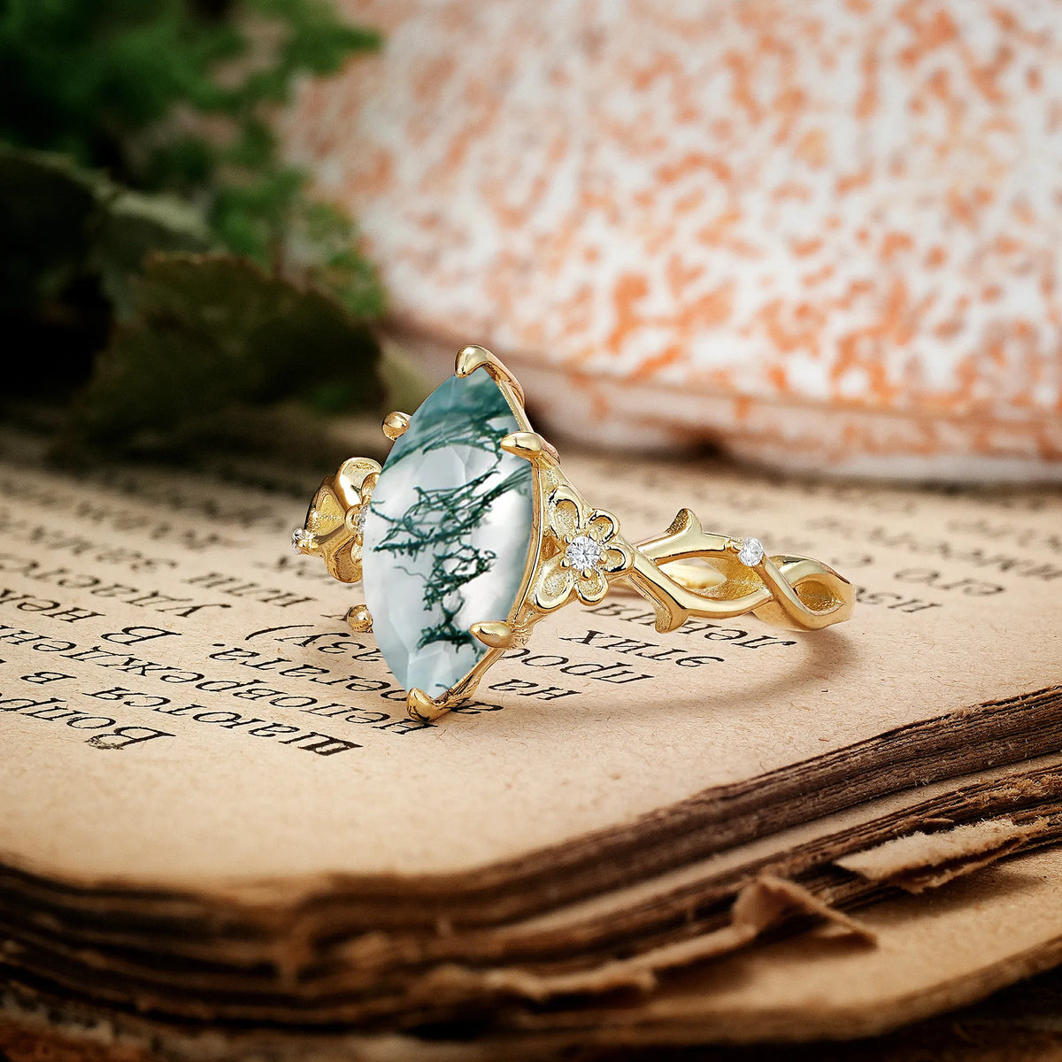 Marquise Cut Solitaire Open Floral Vine Filigree Side Accent Moss Agate Engagement Ring