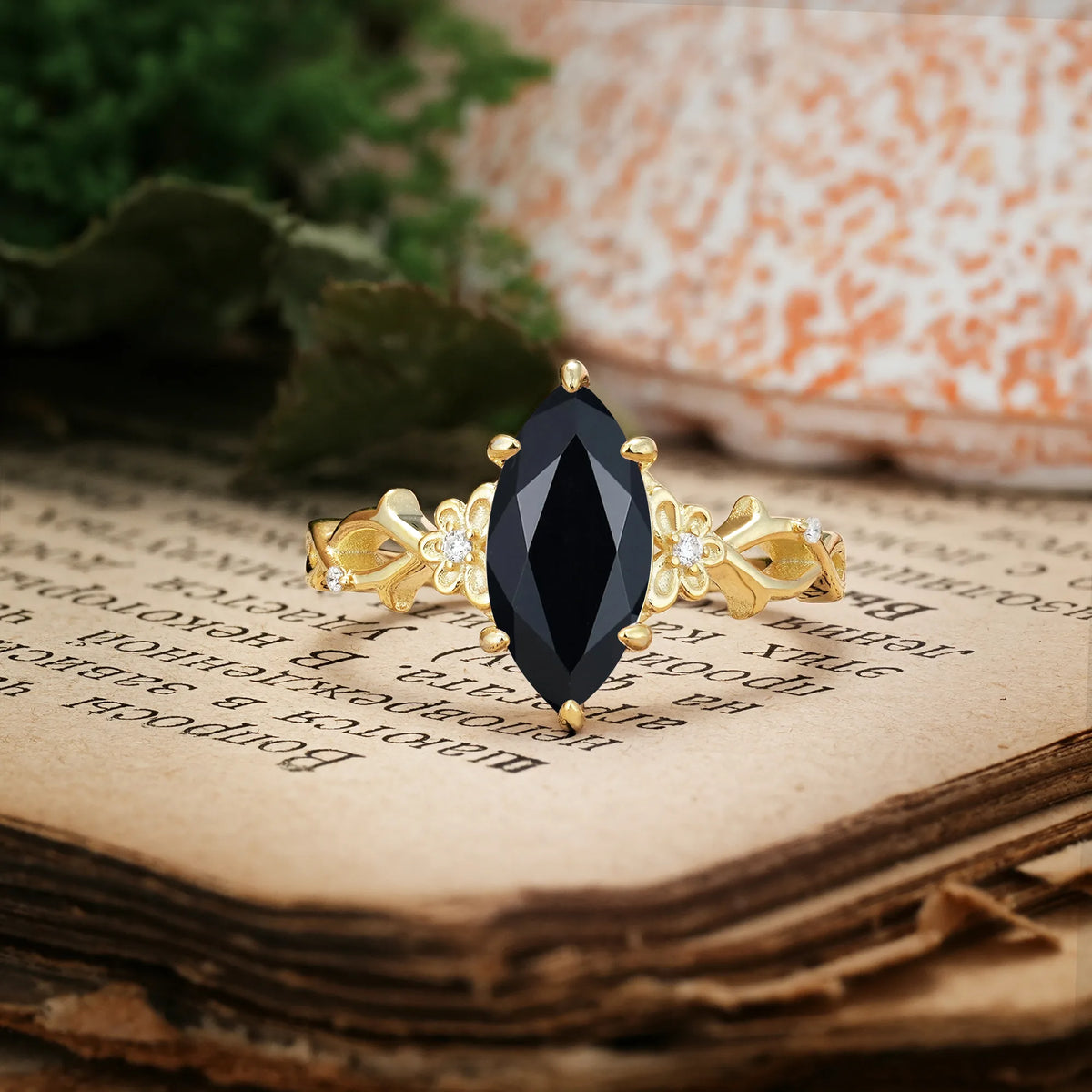 Marquise Cut Solitaire Open Floral Vine Filigree Side Accent Black Onyx Engagement Ring