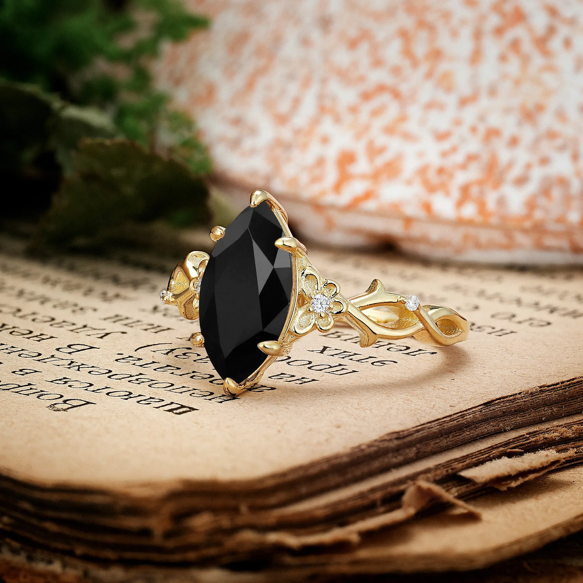 Marquise Cut Solitaire Open Floral Vine Filigree Side Accent Black Onyx Engagement Ring