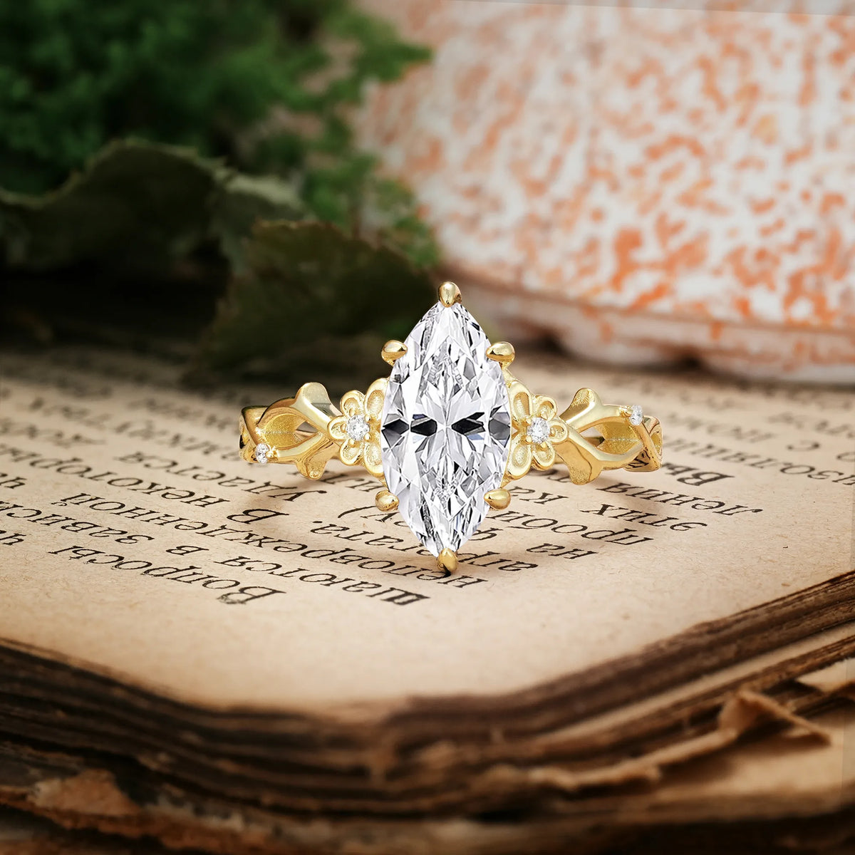 Marquise Cut Solitaire Open Floral Vine Filigree Side Accent Lab Diamond Engagement Ring