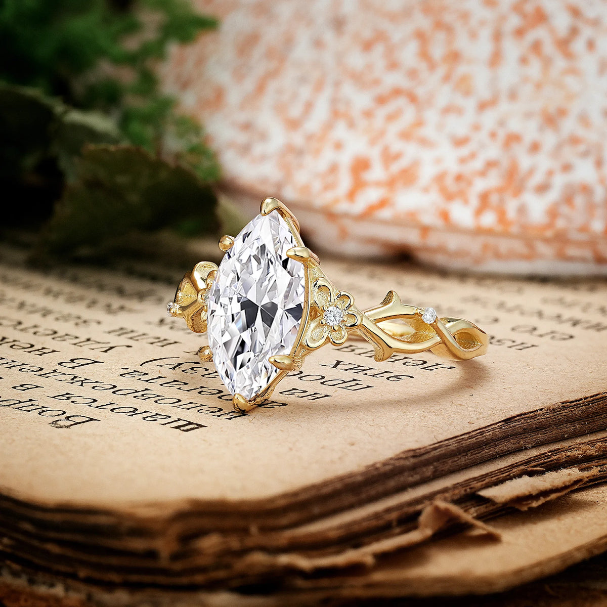 Marquise Cut Solitaire Open Floral Vine Filigree Side Accent Lab Diamond Engagement Ring