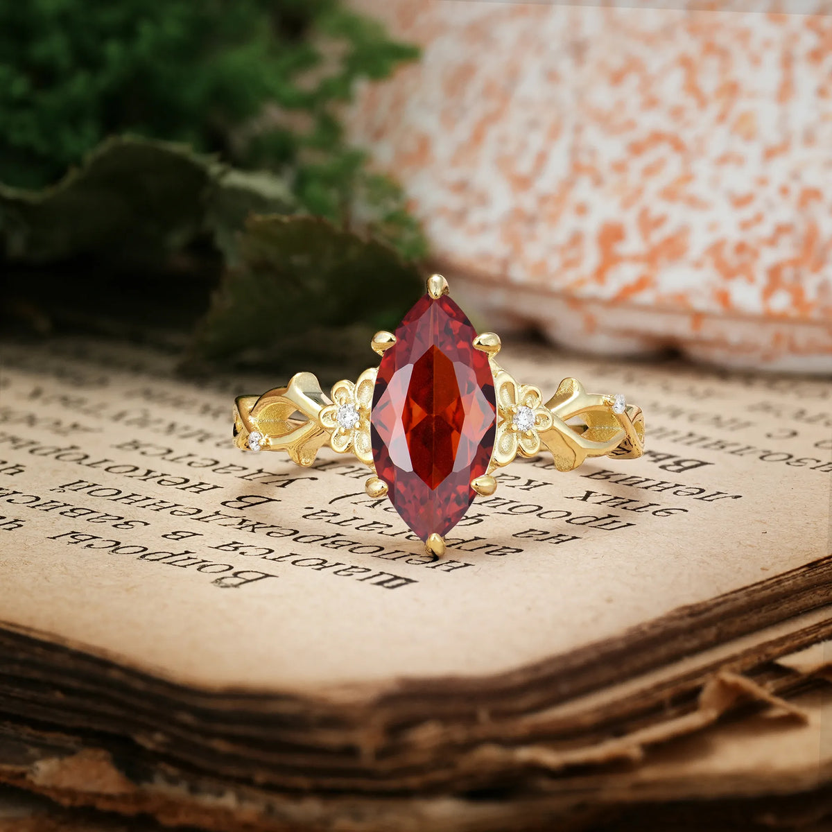 Marquise Cut Solitaire Open Floral Vine Filigree Side Accent Garnet Engagement Ring