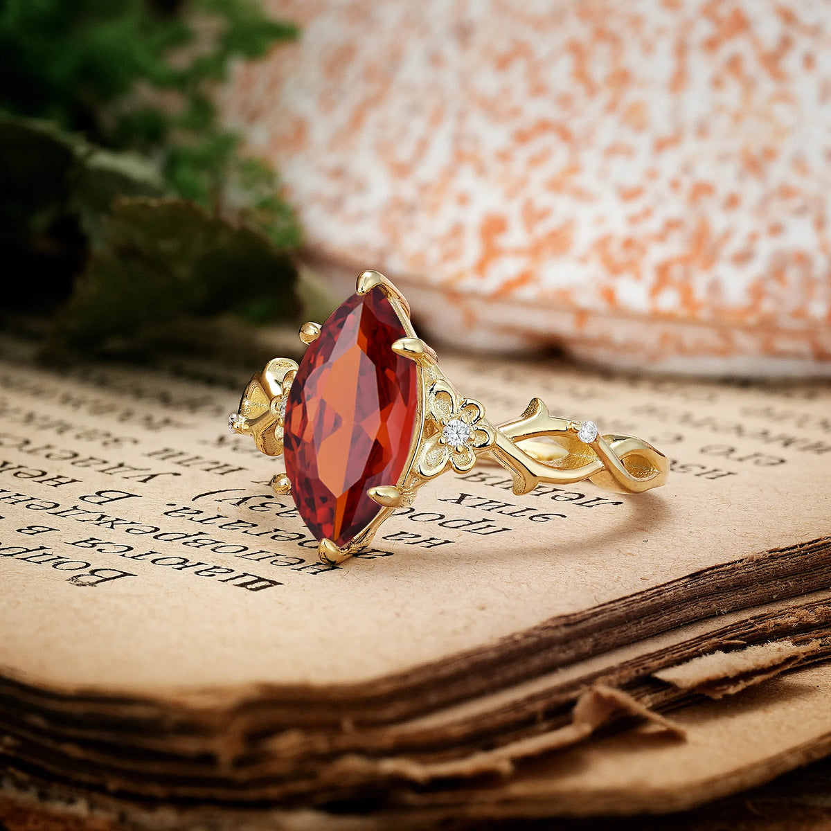 Marquise Cut Solitaire Open Floral Vine Filigree Side Accent Garnet Engagement Ring