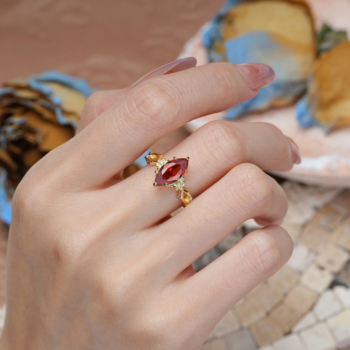 Marquise Cut Garnet Solitaire Open Floral Vine Filigree Side Accent Engagement Ring