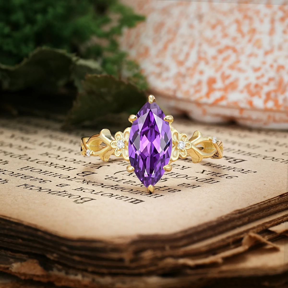 Marquise Cut Solitaire Open Floral Vine Filigree Side Accent Amethyst Engagement Ring