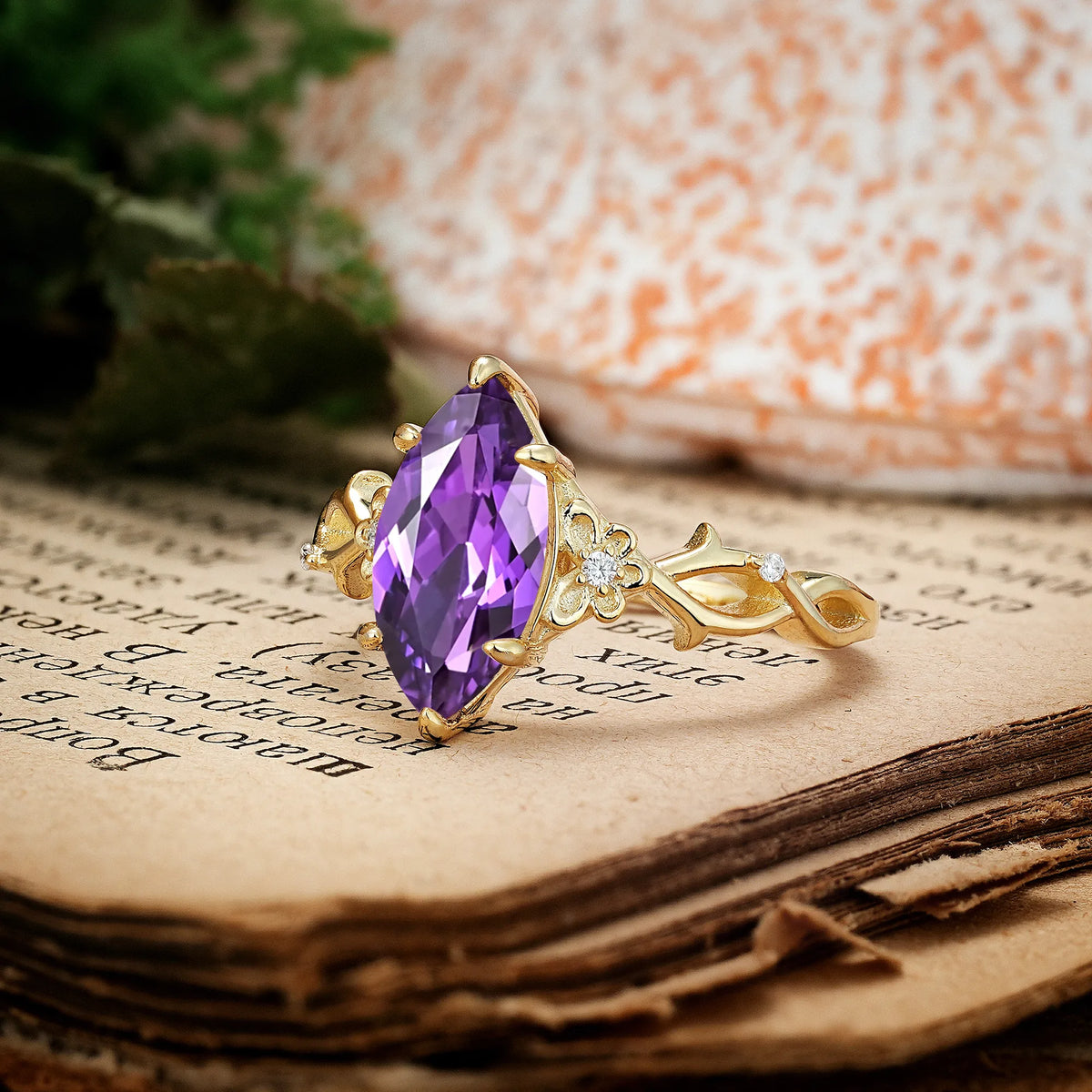 Marquise Cut Solitaire Open Floral Vine Filigree Side Accent Amethyst Engagement Ring