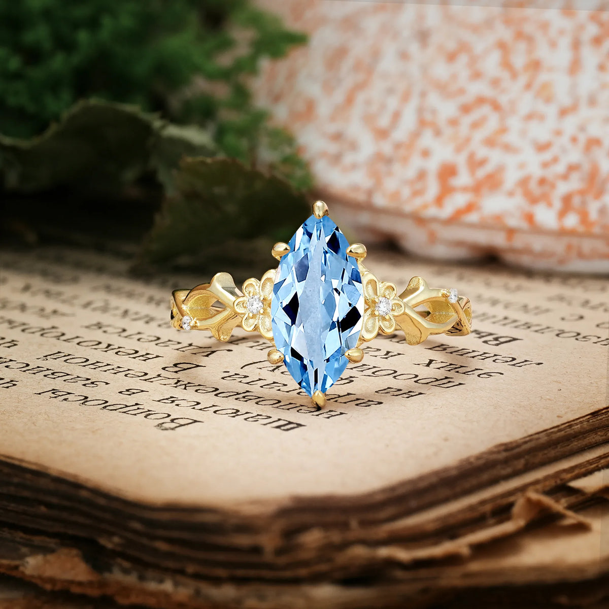 Marquise Cut Solitaire Open Floral Vine Filigree Side Accent Aquamarine Engagement Ring
