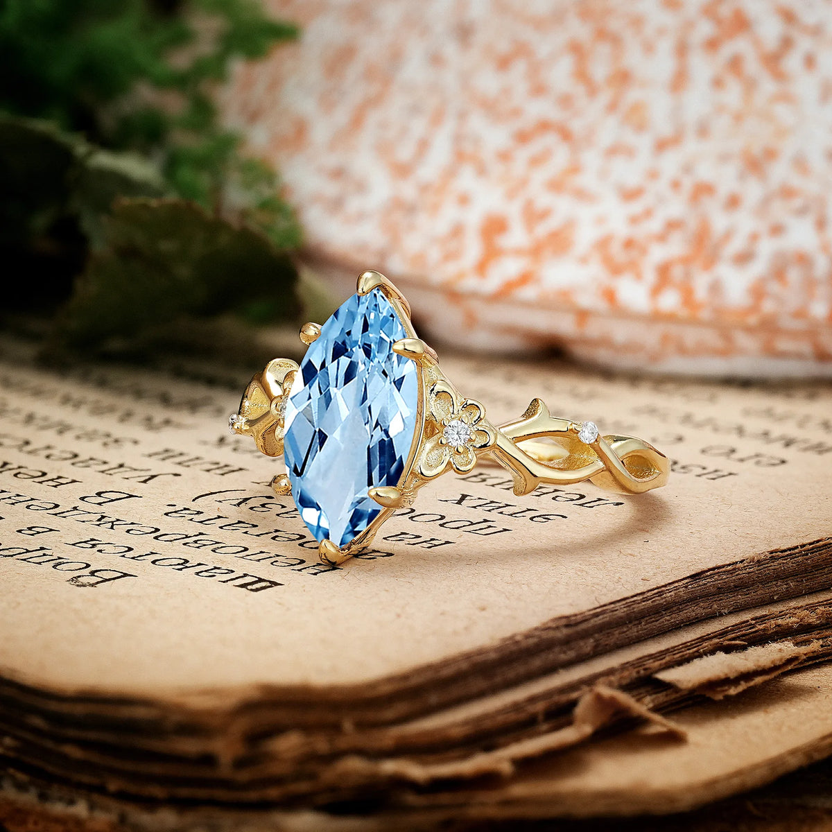 Marquise Cut Solitaire Open Floral Vine Filigree Side Accent Aquamarine Engagement Ring
