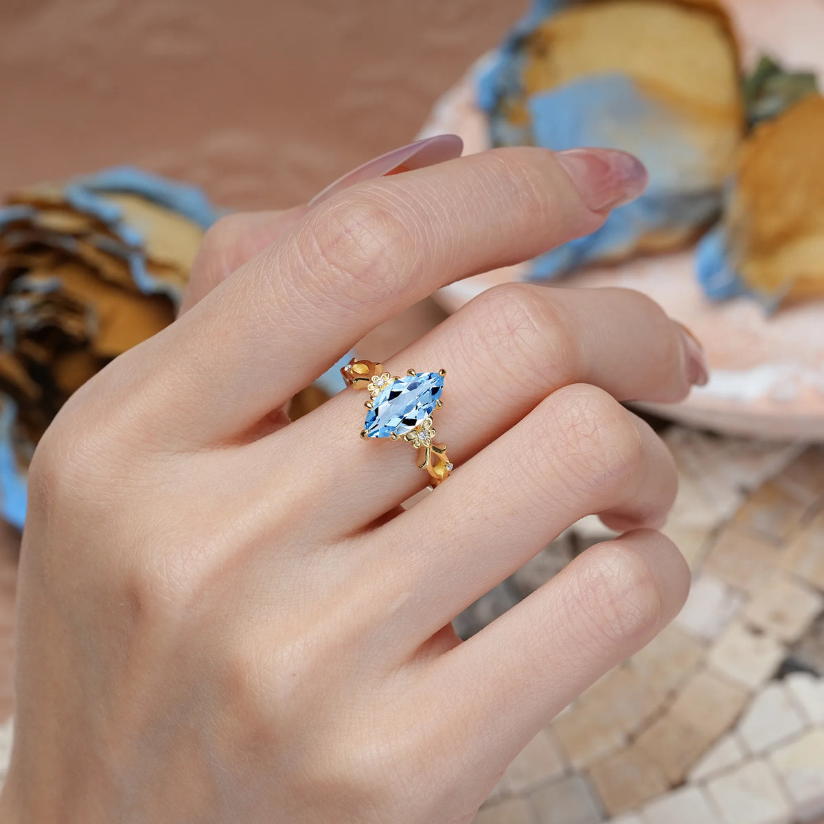 Marquise Cut Aquamarine Solitaire Open Floral Vine Filigree Side Accent Engagement Ring